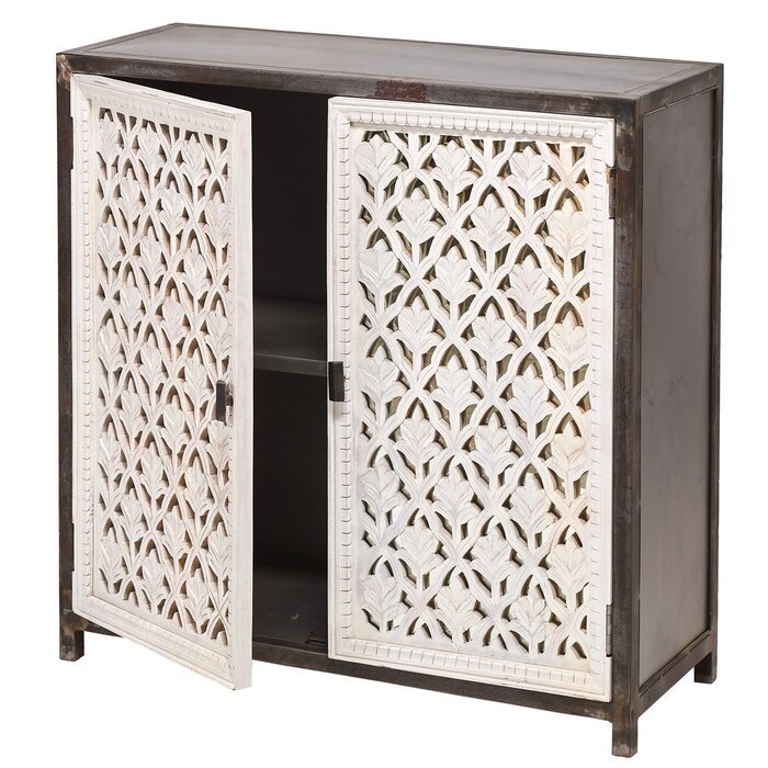 Hand Carved Two Door Accent Cabinet - Solid Wood Furniture for Living Room, Bedroom & Entryway Storage | Rustic Home Decor & Organizer
