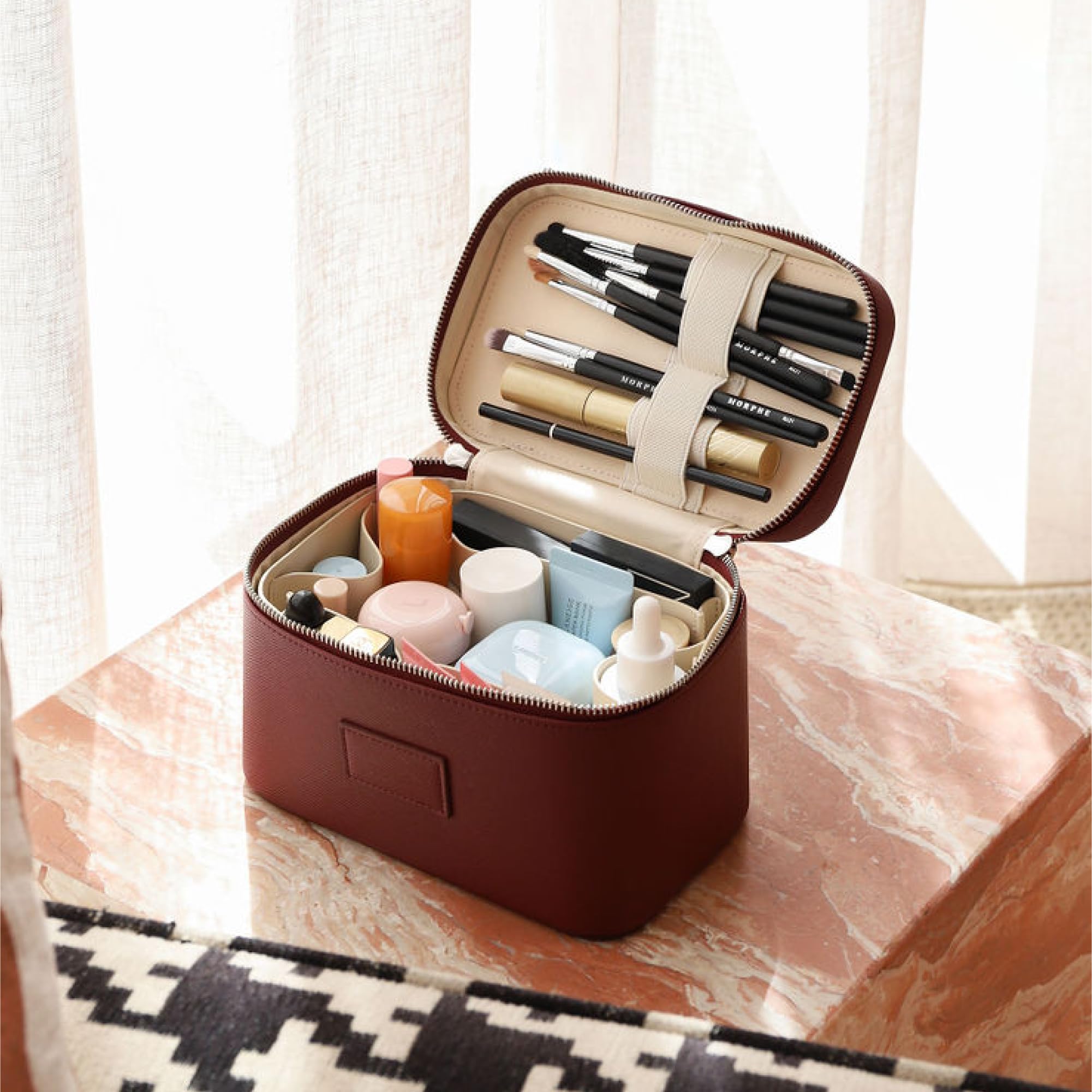 ETOILE Mini Vanity Case Burgundy - Travel Makeup Bag Organizer with Removable Dividers for Women | Portable Cosmetic Storage for Home, Office & Vacation