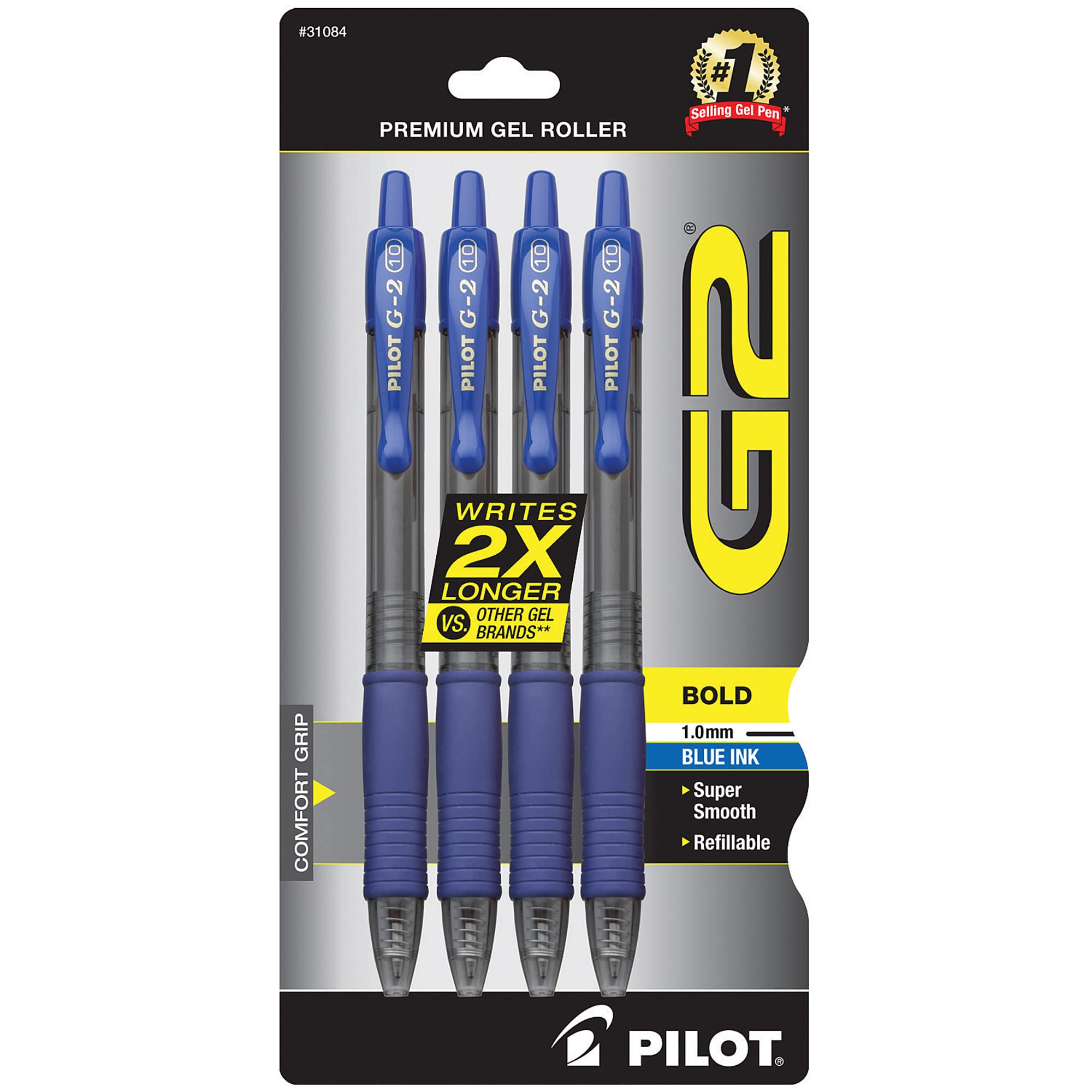 Pilot G2 Premium Gel Roller Pens - 1mm Bold Point (Pack of 4) Blue Ink - Smooth Writing for Office, School & Note Taking