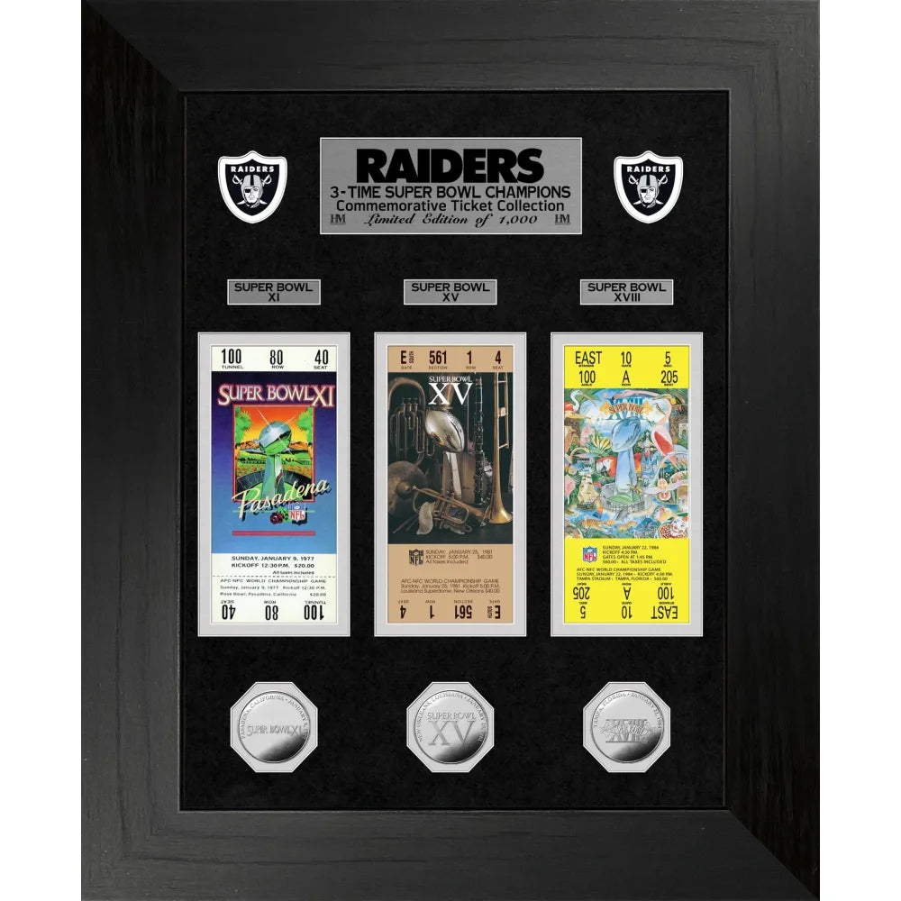 Las Vegas Raiders Super Bowl Ticket & Game Coin Collection - Framed Memorabilia Collage for Oakland & Los Angeles Fans - Perfect for Man Cave, Sports Bar & Raiders Fan Gifts