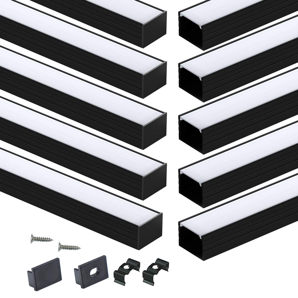 Muzata 10-Pack 6.6FT/2M Black LED Strip Channel with Frosted White Diffuser Cover - U103 BW 2M - Ideal for Home, Office, and Commercial Lighting Projects
