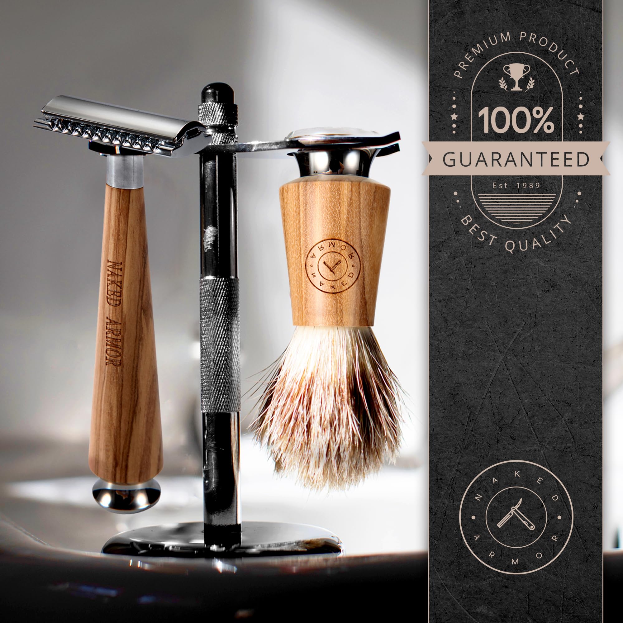 Premium Safety Razor Stand Kit - Stainless Steel Razor & Brush Holder with Shaving Bowl & Soap Puck | Bathroom Organizer for Men's Grooming | Perfect Gift for Him, Shaving Essentials for Wet Shaving Routine