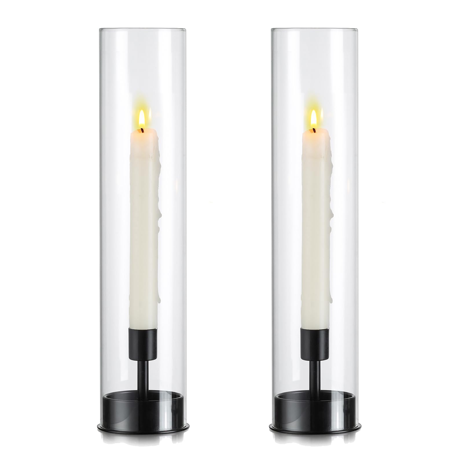 Hewory Hurricane Taper Candle Holders - 2Pcs Black Glass Candlestick Holders for Wedding, Party & Christmas Decor | Elegant Table Centerpiece for Home, Reception & Holiday Celebrations