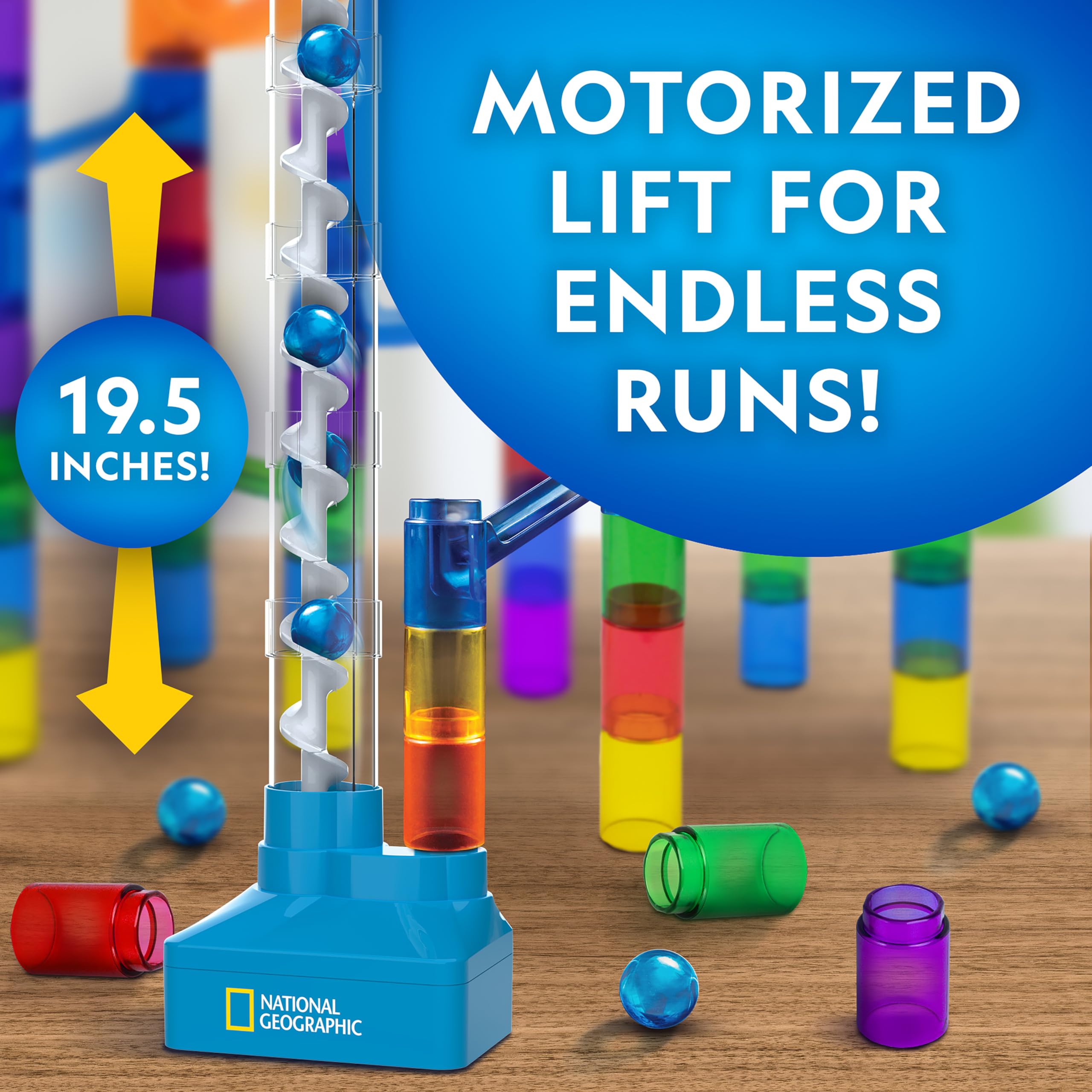 National Geographic Marble Run with Motorized Elevator - 150-Piece STEM Building Set with Spiral Lift, 30 Glass Marbles, Storage Bag | Educational Physics Toy for Kids | Perfect for Classroom STEM Activities & Family Game Nights