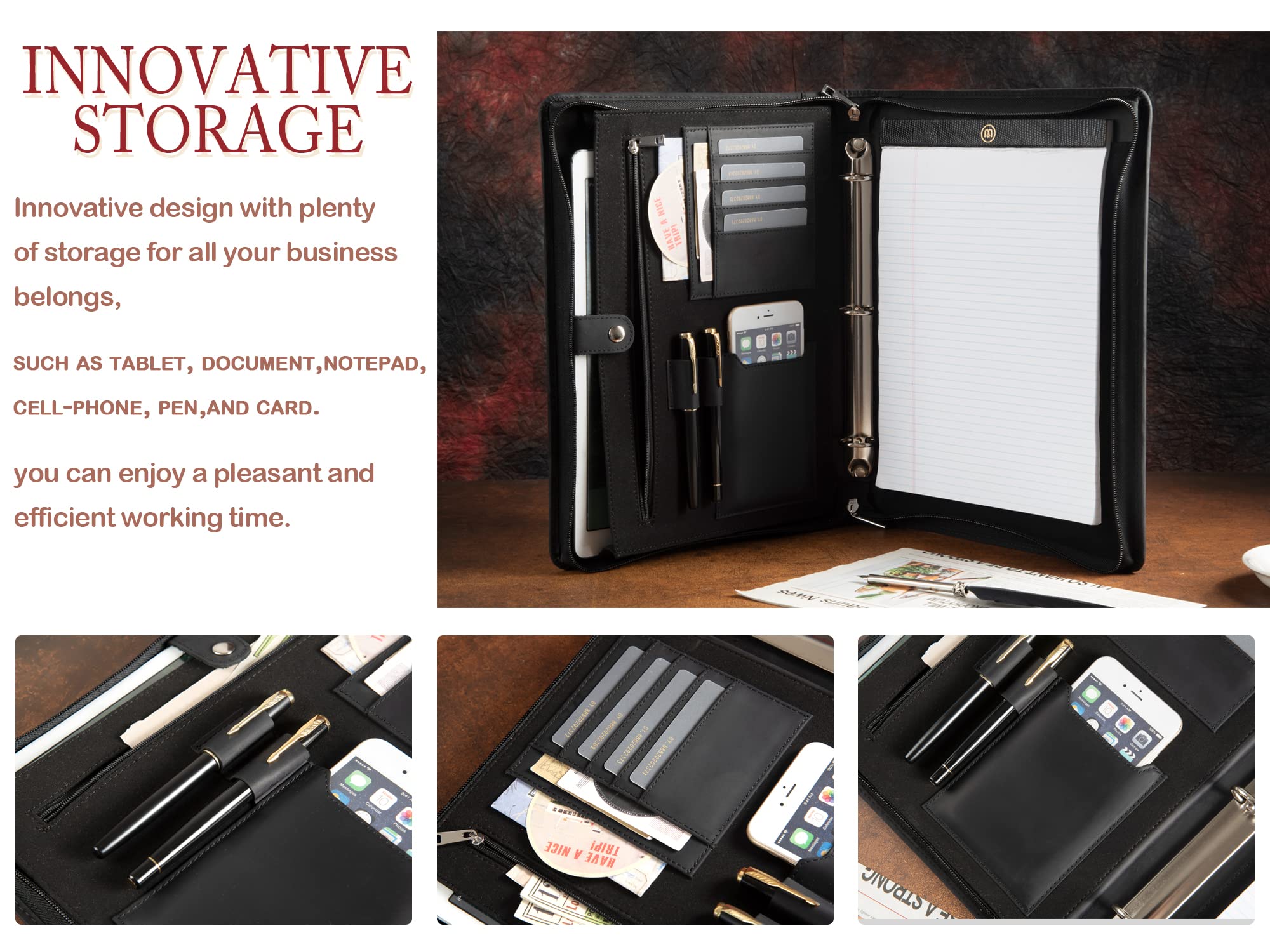 Asini Genuine Leather 3-Ring Binder Portfolio with Zipper - Professional Business Organizer for 13.3