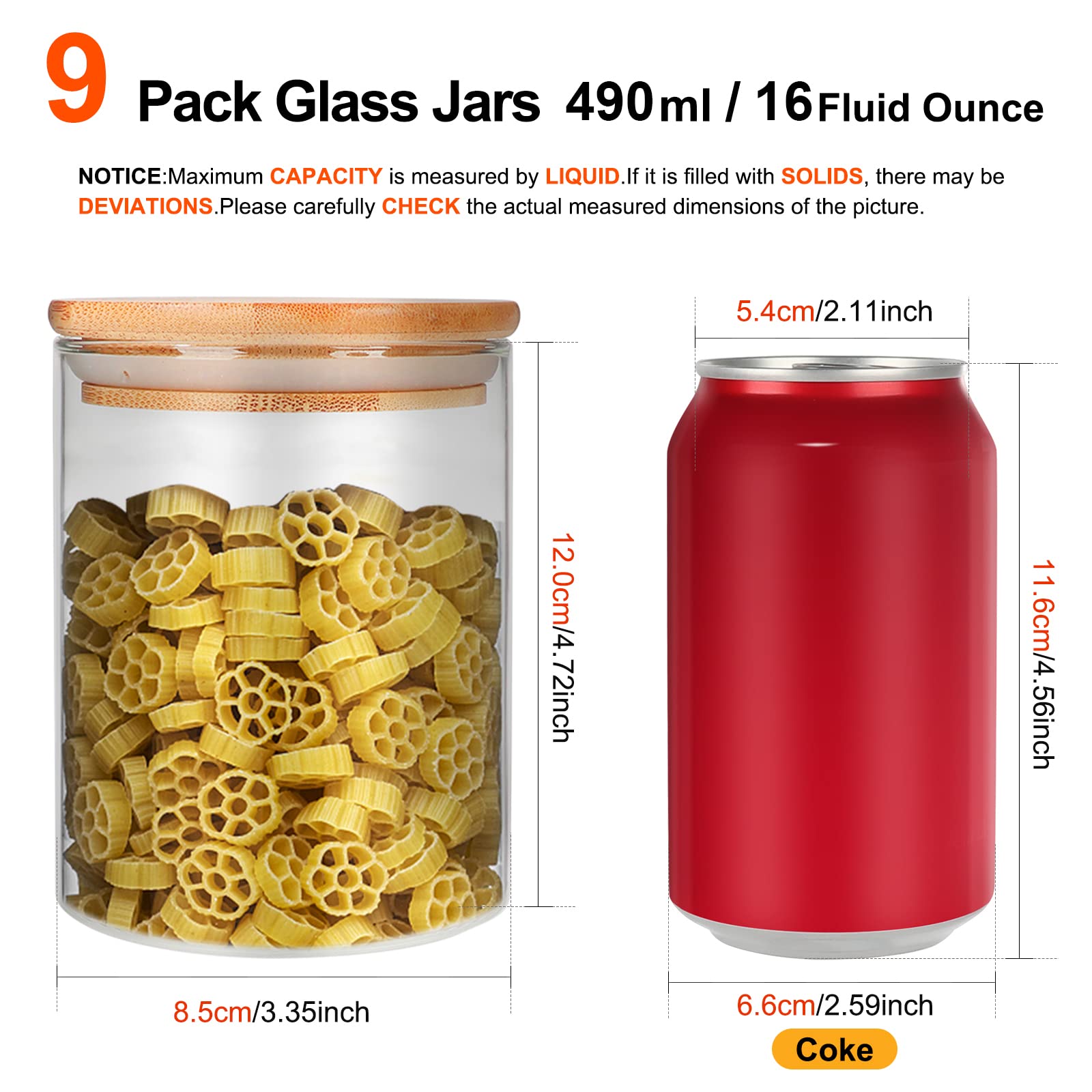 16 oz (490 ml) Glass Food Storage Containers with Airtight Bamboo Lids - 9-Piece Pantry Organization Set for Spices, Flour, Sugar & More | Kitchen Counter Canisters, Terrarium Jars & Meal Prep Containers | Ideal for Home Baking, Coffee Storage & Pantry Organization