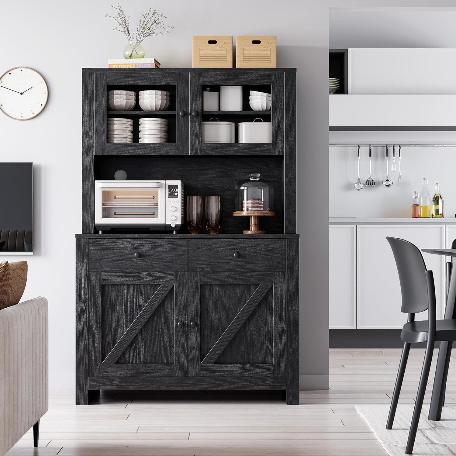 Freestanding Kitchen Pantry Cabinet with Microwave Stand & Adjustable Shelves - Buffet Hutch Cupboard for Dining Room & Kitchen Storage - Black (Ideal for Small Spaces & Apartment Living)