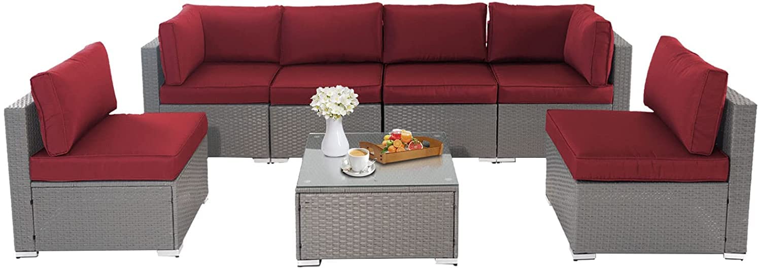 Incbruce 7-Piece Outdoor Patio Furniture Set - Wicker Rattan Sectional Sofa with Glass Top Coffee Table & Removable Cushions (Red) - Perfect for Backyard, Garden, Poolside & Patio Relaxation
