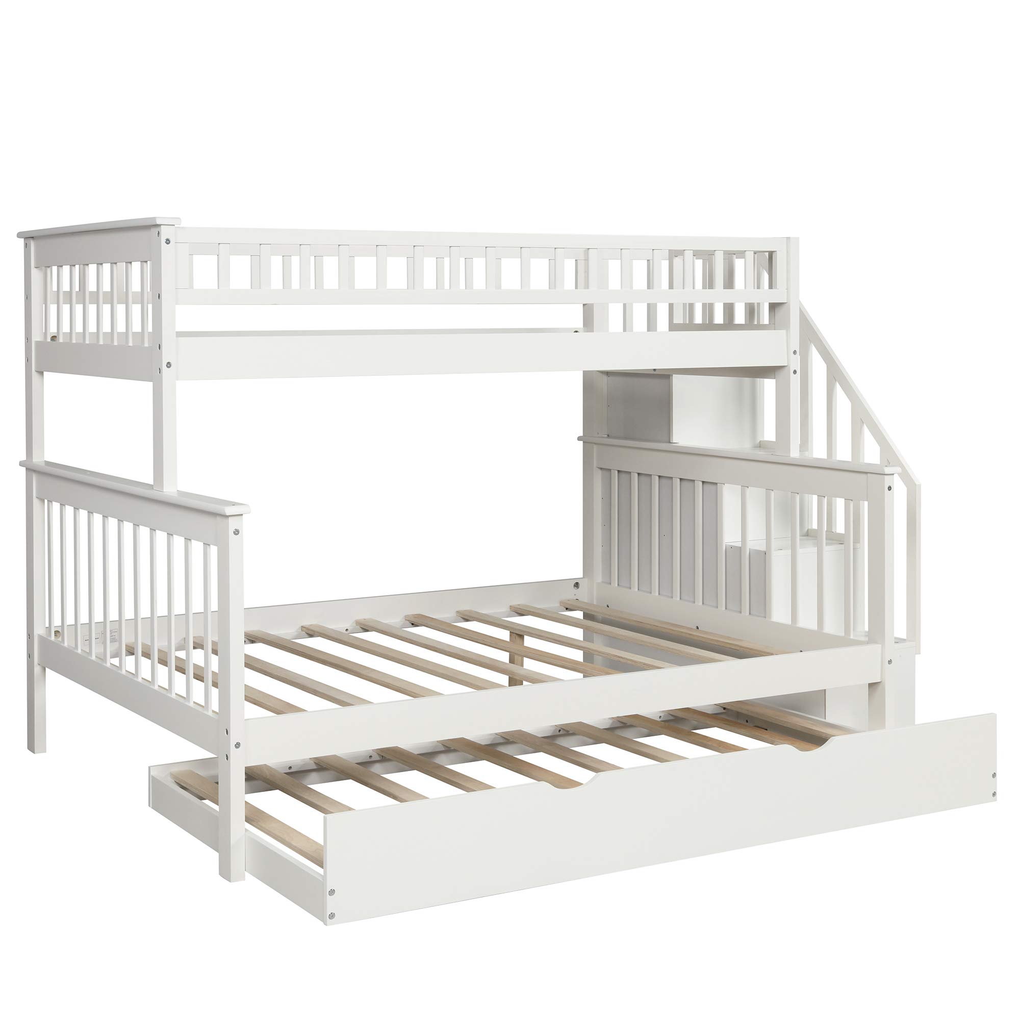 Twin Over Full Bunk Bed with Trundle & Storage - Solid Wood Bunk Bed Frame with Guardrails & Stairs for Kids, Teens & Adults - Space-Saving Bedroom Solution for Shared Rooms, Guest Rooms & Small Spaces (White, No Box Spring Needed)