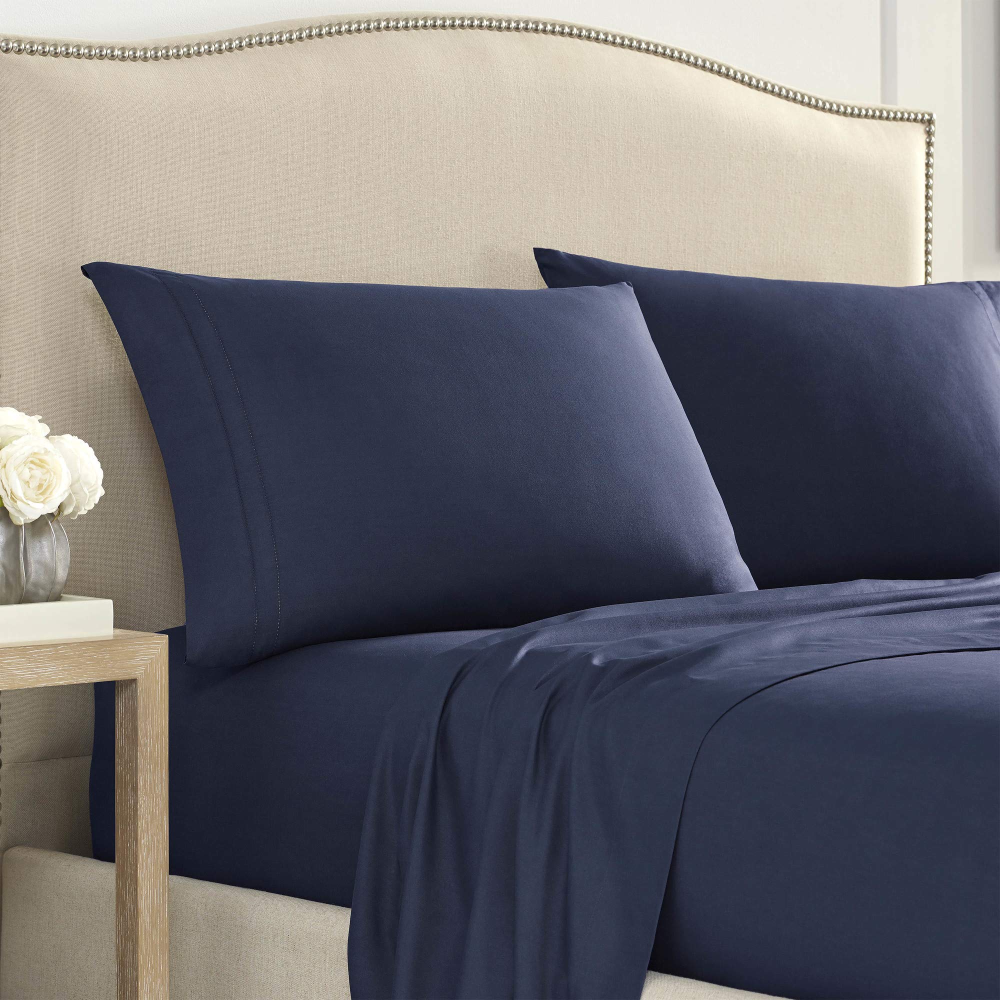 Martex 2000 Series Ultra-Soft Hemstitched California King Sheet Set - Navy Blue Luxury Bedding for Hotel-Style Comfort & Breathable Sleep Experience