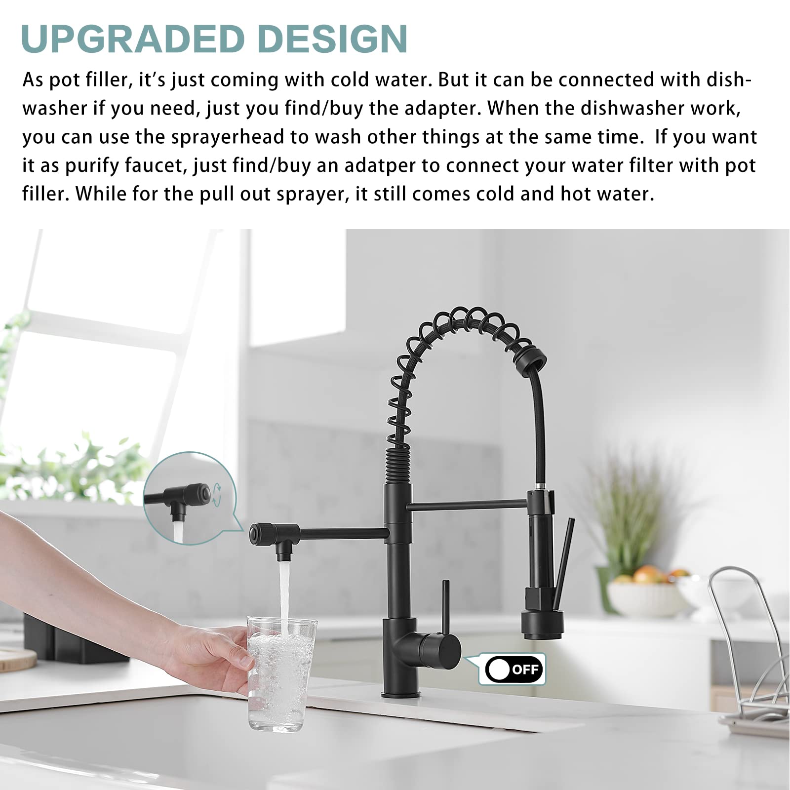 Black 3-Way Kitchen Faucet with Pull-Down Sprayer, Commercial Sink Faucet with Drinking Water Filter & Cold Pot Filler, Ideal for Home Kitchens & Restaurants
