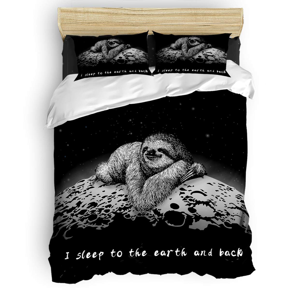 4 Piece Full Size Duvet Cover Set with Pillowcases & Flat Sheet - Soft Sloth Moon Black White Bedding for Kids, Teens & Adults - Hidden Zipper Closure - Perfect for Bedrooms, Dorms, Guest Rooms & Cozy Home Decor