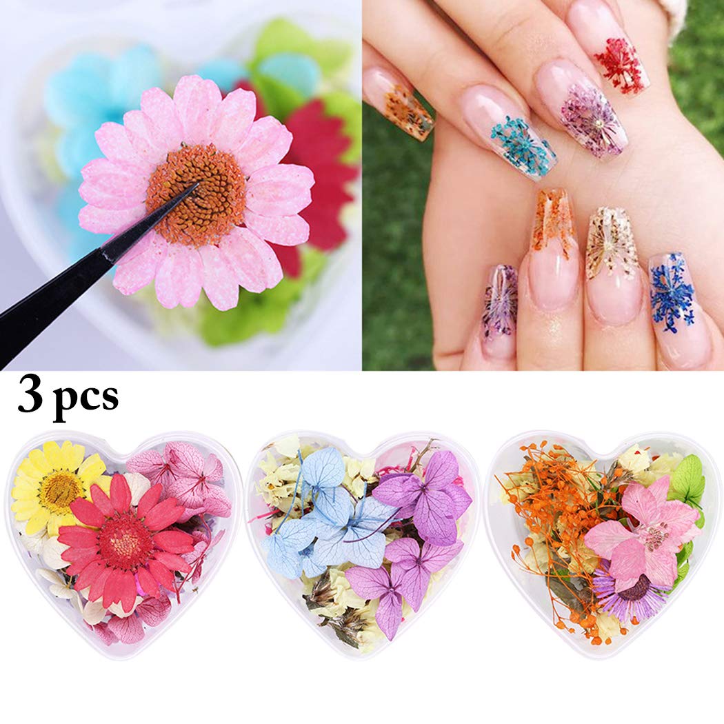 SOWUNO 3D Pressed Flower Nail Art Kit - 3 Box Mini Dried Real Flowers for DIY Nail Decoration | Perfect for Nail Salon, Home Manicure & Creative Nail Designs