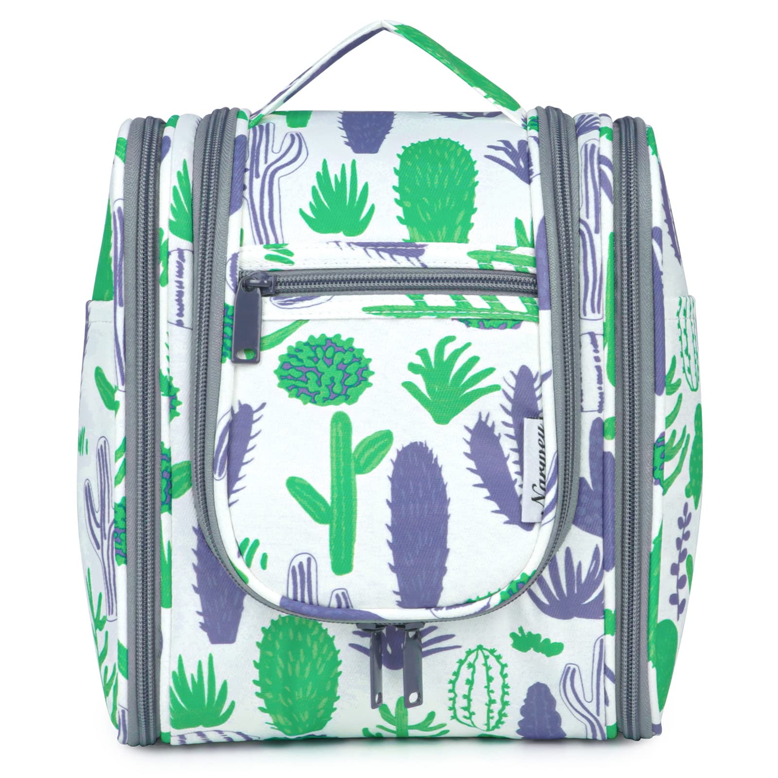 Narwey Hanging Toiletry Bag for Women - Travel Makeup Organizer with Multiple Pockets, Perfect for Cosmetics & Essentials (Medium, Green Cactus) - Ideal for Air Travel, Camping & Gym Use