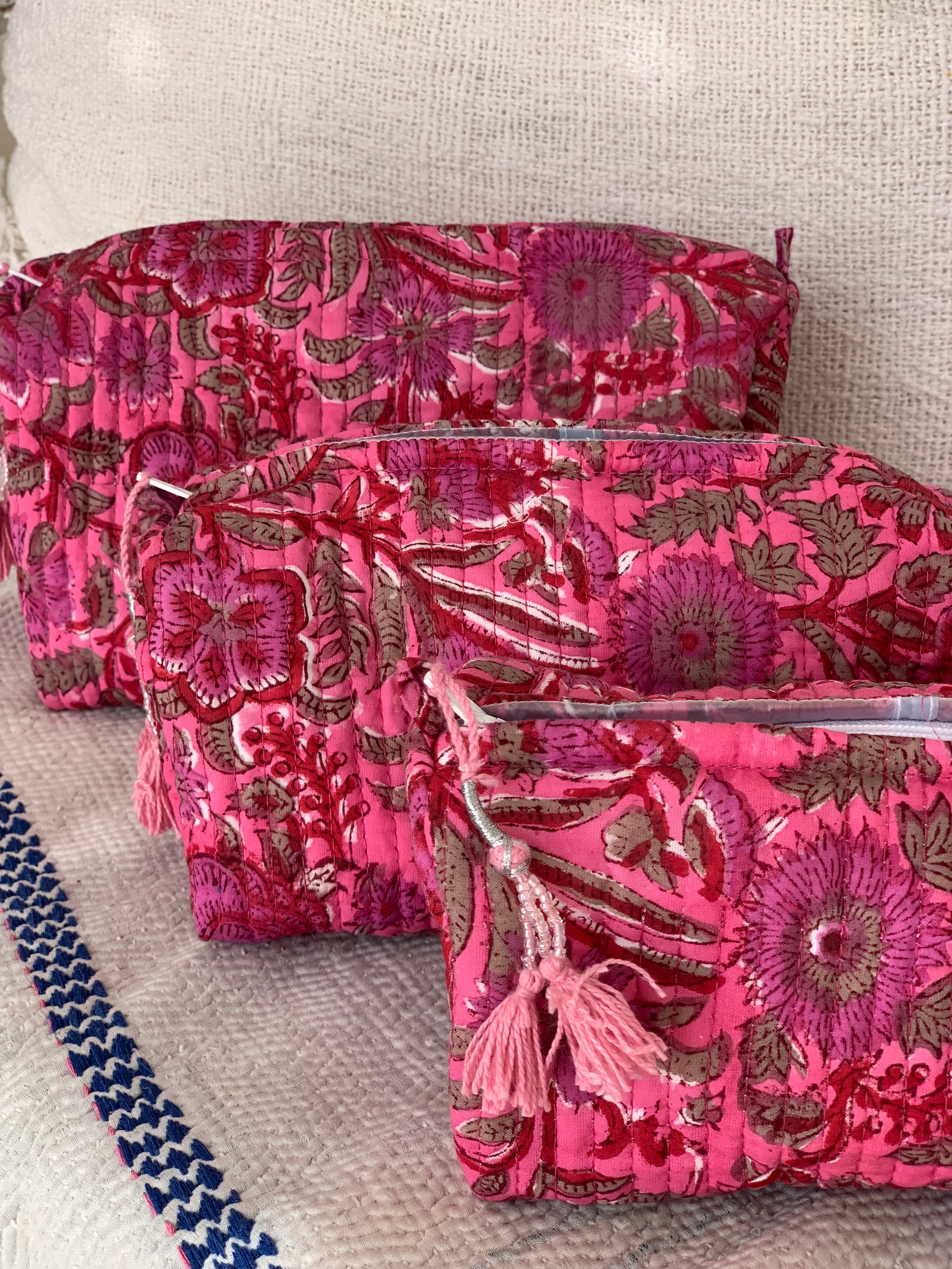 Handmade Block Print Cotton Cosmetic Bag - Eco-Friendly & Reusable (3 Sizes) - Perfect for Travel, Makeup Storage & Gift Giving
