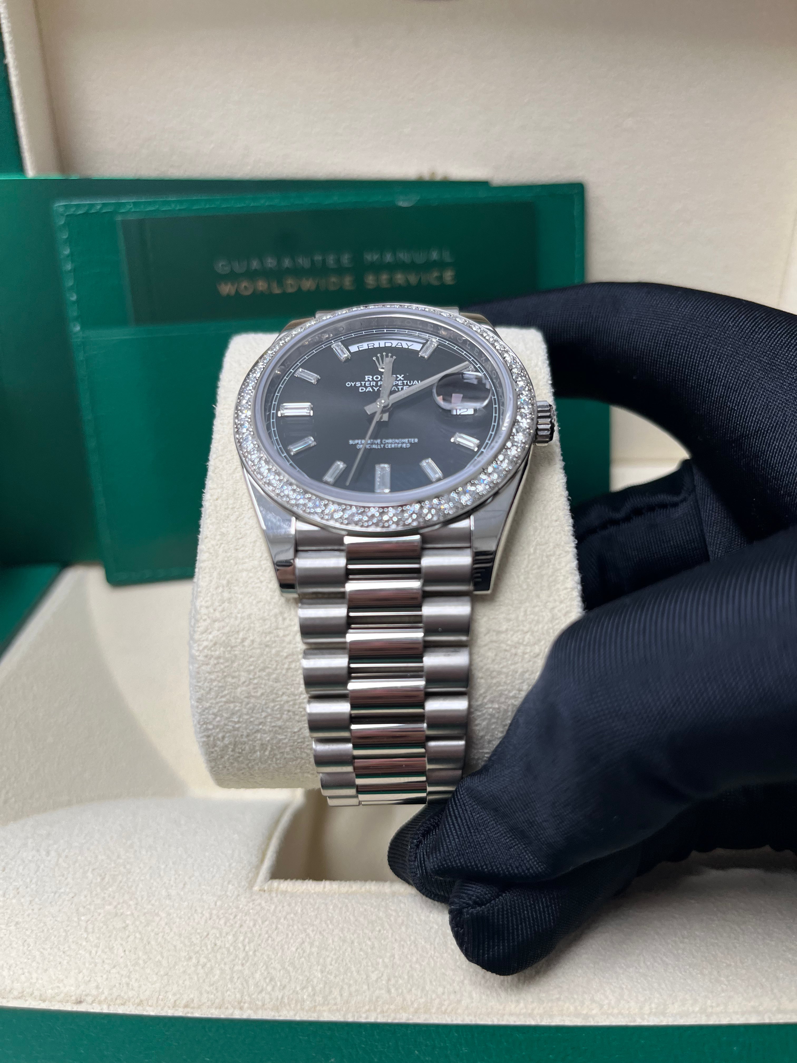 Rolex Day Date 40 White Gold Men's Watch with Black Baguette Diamond Dial & Fluted Bezel - Luxury Dress Watch for Business & Formal Occasions