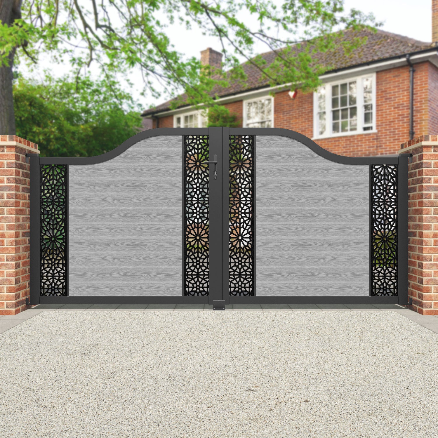 Classic Alnara Curved Top Driveway Gate - Light Grey Finish with Middle & End Screen - Perfect for Home Security & Curb Appeal