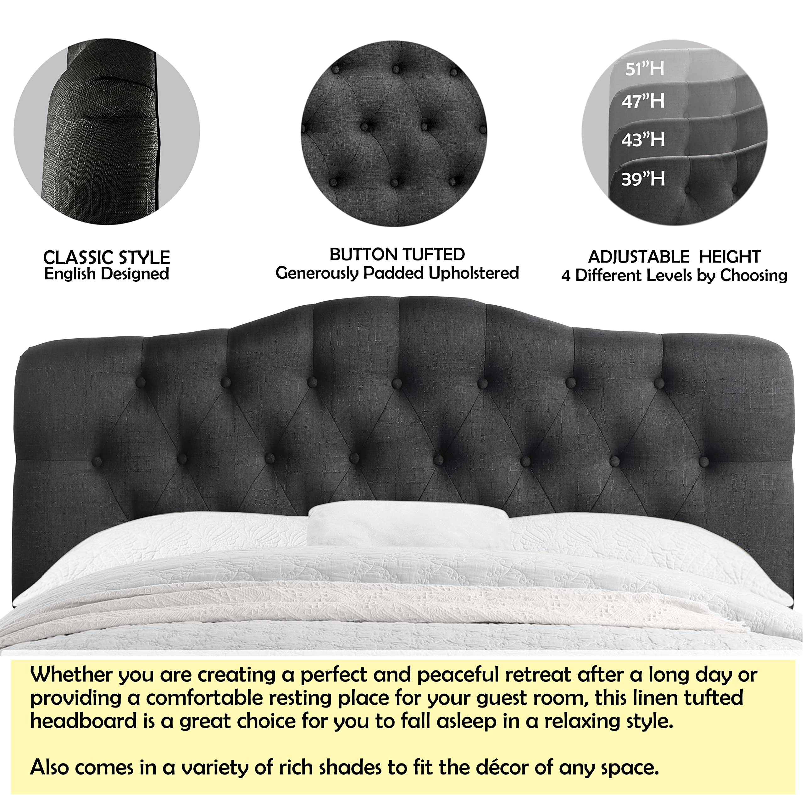 Rosevera Harriman Adjustable Height Queen Size Headboard with Linen Upholstery & Button Tufting - Modern Bedroom Decor for Master Bed, Guest Room & Apartment