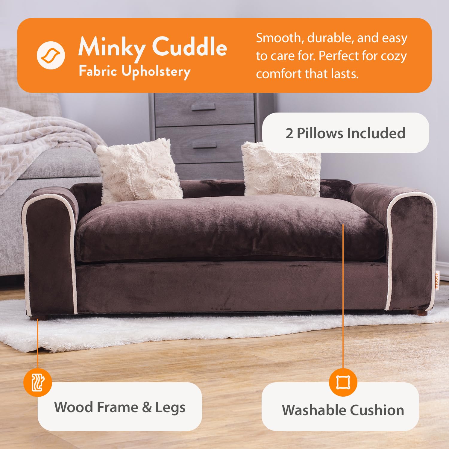 Premium Moots Furry Pet Lounge - Large Deluxe Dog Bed with 2 Comfort Pillows, Washable Chocolate Brown Pet Sofa for Small to Medium Dogs - Perfect for Living Room, Bedroom & Pet-Friendly Spaces