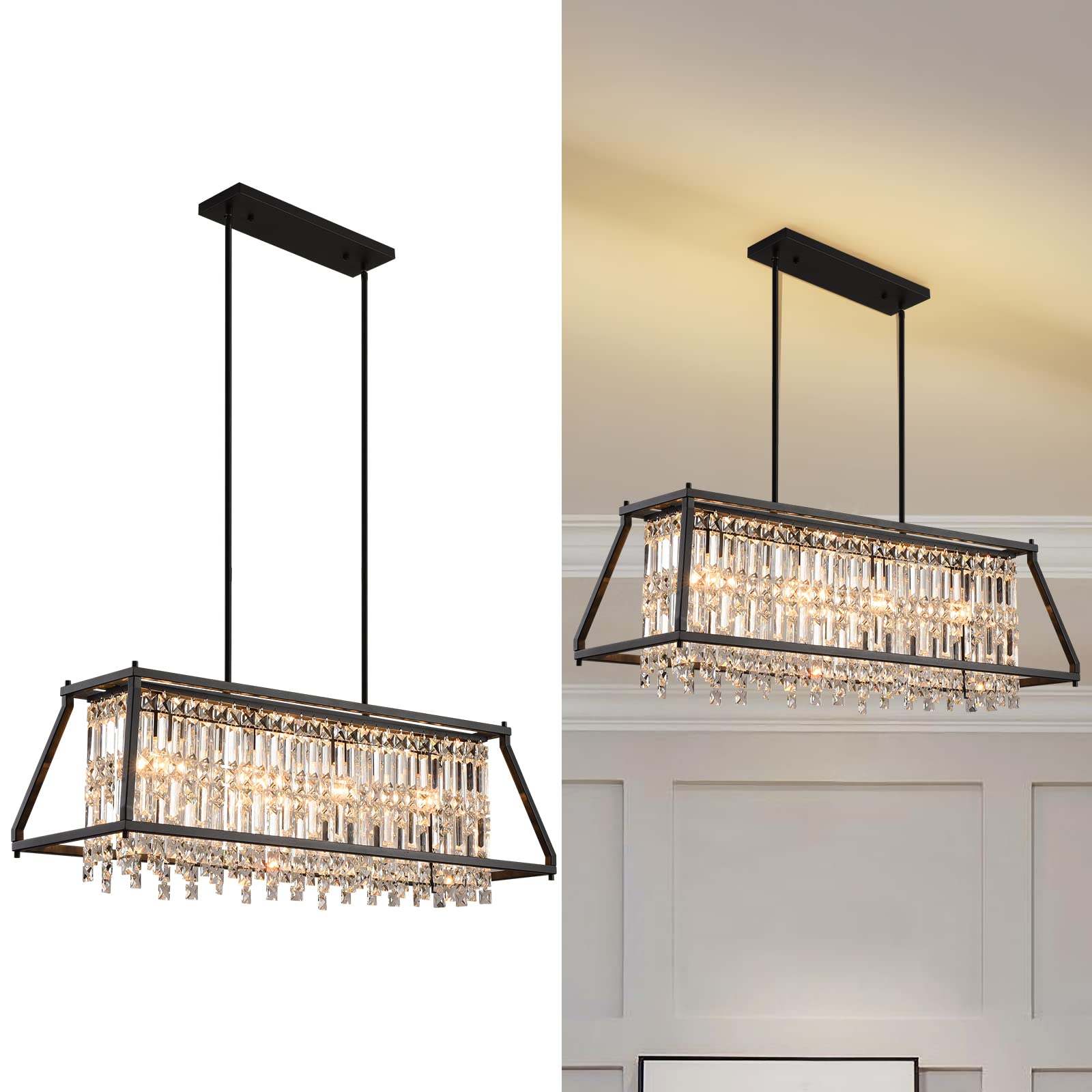 LMQNINE 4-Light Industrial Farmhouse Chandelier - 35.43 Inch Black Trapezoidal Crystal Pendant Light Fixture for Dining Room, Kitchen Island & Living Room | Rustic Elegance for Home Decor & Dinner Parties
