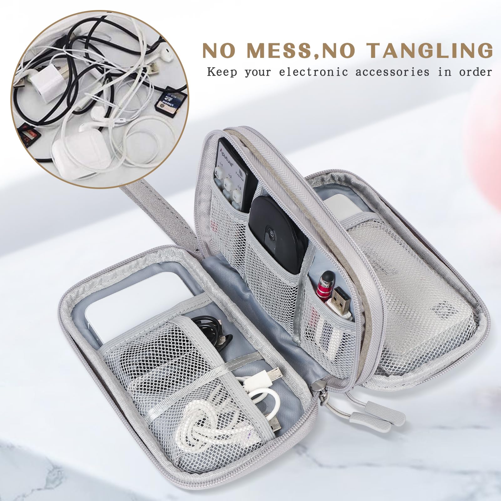 FYY Electronic Organizer Bag - Waterproof Travel Cable Organizer Pouch with Double Layers, Portable Storage Case for Charger, Phone, Earphone & Accessories (Medium Size, Khaki) - Perfect for Travel, Office & Daily Commute