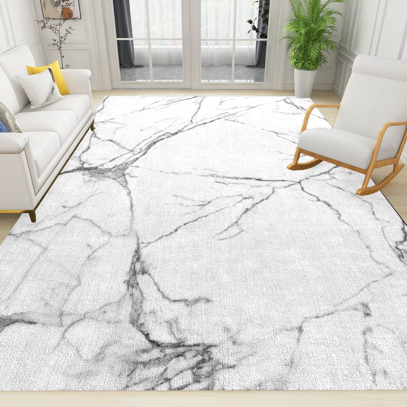 5' x 7' White and Black Marble Distressed Area Rug - Contemporary Non-Slip Floor Carpet for Living Room, Bedroom & Home Decor | Sofa Mat, Indoor Rug for Modern Spaces