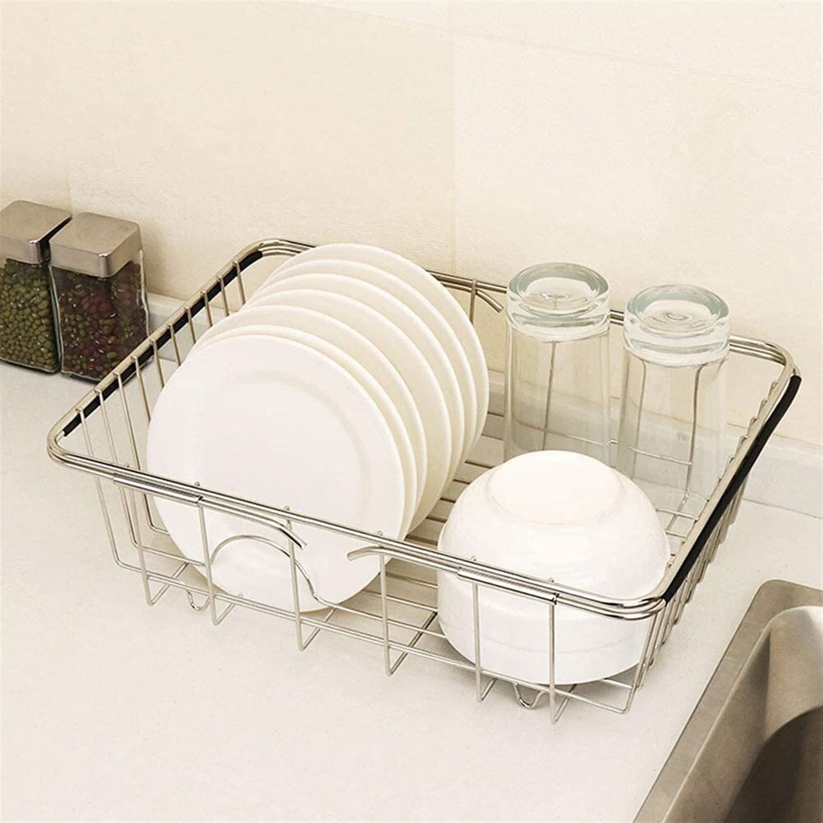 Expandable Stainless Steel Cutlery Basket & Dish Drying Rack - Adjustable Over Sink or Countertop Organizer with Black Utensil Holder | Rustproof Kitchen Storage for Silverware, Knives & Cooking Tools | Perfect for Small Spaces, Dishwashing & Countertop Organization