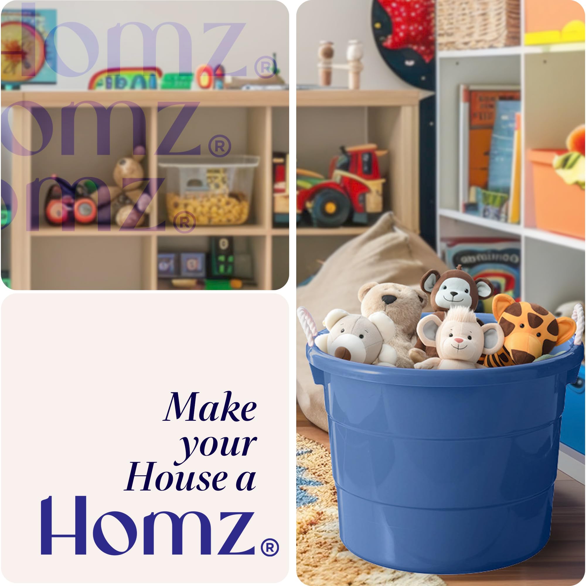 HOMZ 4-Pack 17 Gallon Large Plastic Storage Buckets with Rope Handles - Heavy Duty Utility Tubs for Home Organization, Cleaning Supplies, Laundry, and Outdoor Activities (Blue)