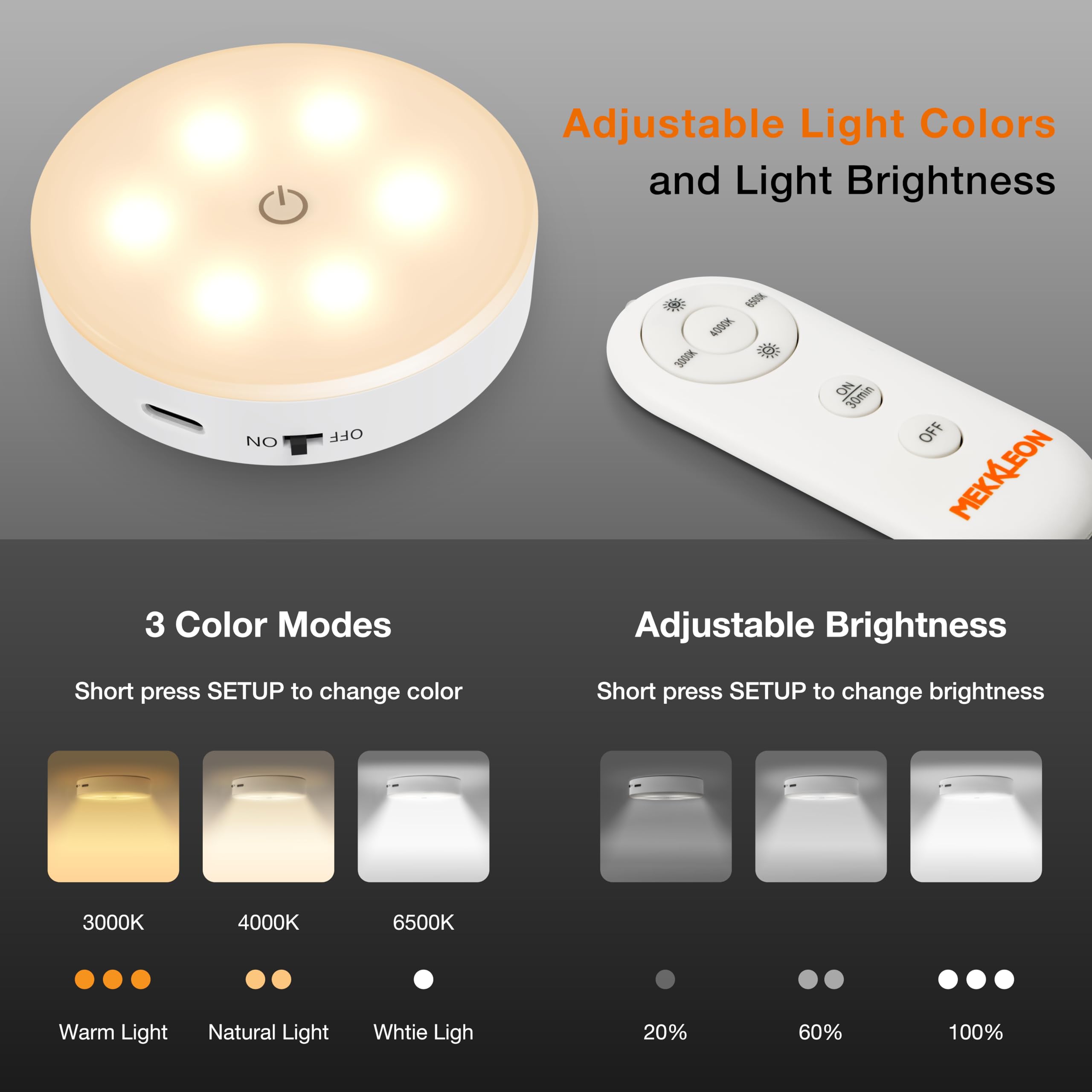 MEKKLEON 6-Pack Rechargeable Puck Lights with Remote Control - 1000mAh Battery Under Cabinet LED Lighting, Cordless Stick-On Tap Lights for Kitchen, Closet, Hallway & Stairway - Perfect for Night Lights, Wardrobe Illumination & Home Decor