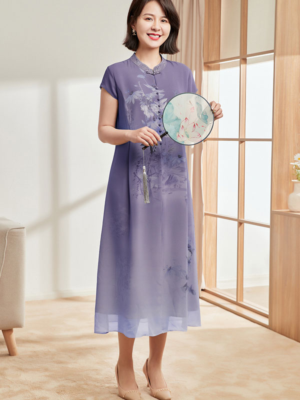 Elegant Pink & Green Floral Chiffon A-Line Cheongsam Qipao Dress for Women | Traditional Chinese Dress for Parties, Weddings & Special Occasions