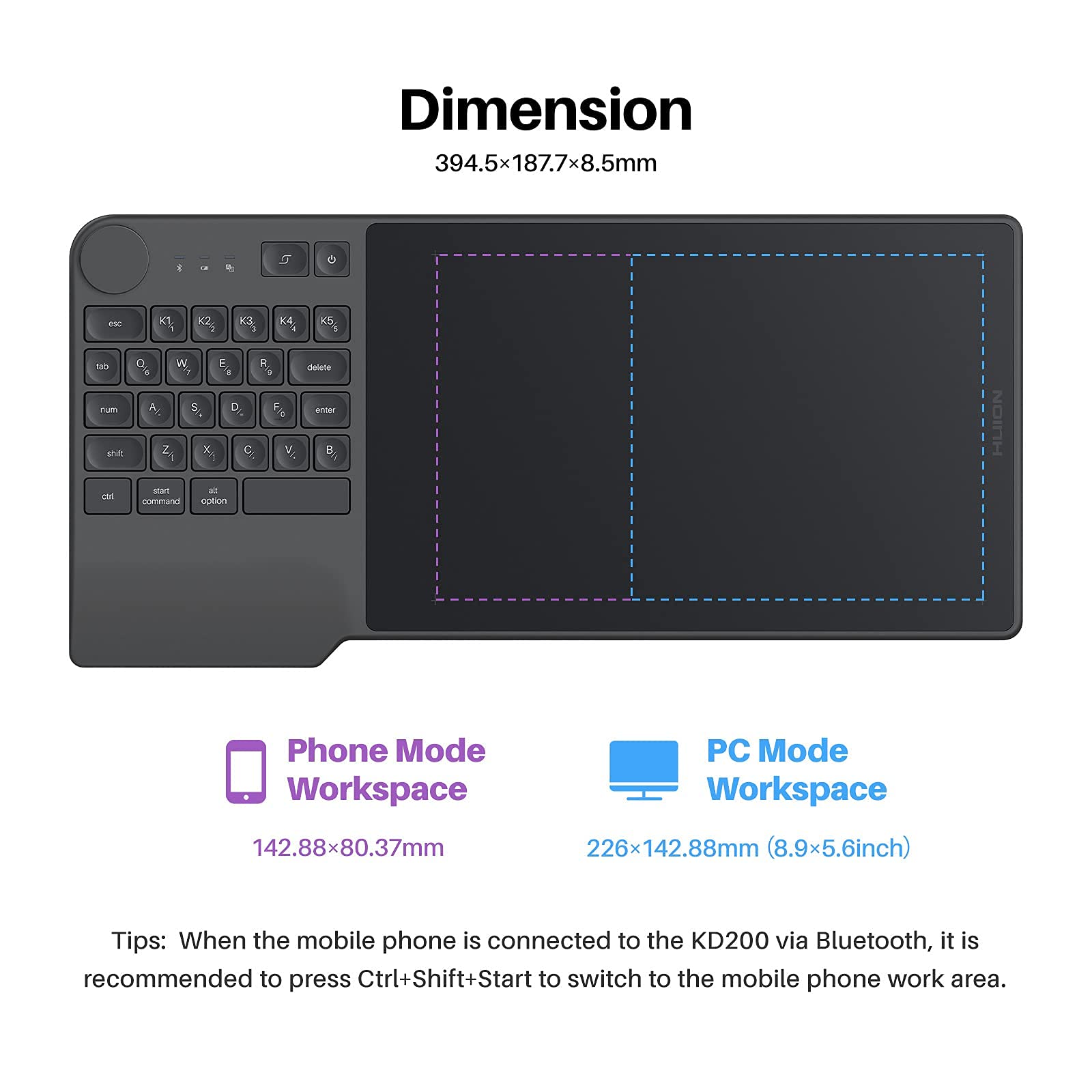 HUION Inspiroy Keydial KD200 Wireless Drawing Tablet - Bluetooth Graphic Tablet with Keyboard Dial, 5 Customizable Keys & Battery-Free Pen (Includes 10 Felt Nibs) - Compatible with Windows, Mac, Android - Perfect for Digital Art, Animation & Graphic Design