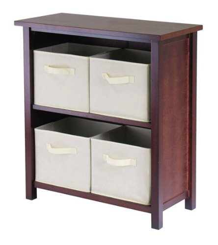 Verona 2-Tier Storage Shelf with 4 Foldable Fabric Baskets - Walnut & Beige Organizer for Bedroom, Closet, Nursery, or Office - Space Saving Home Decor
