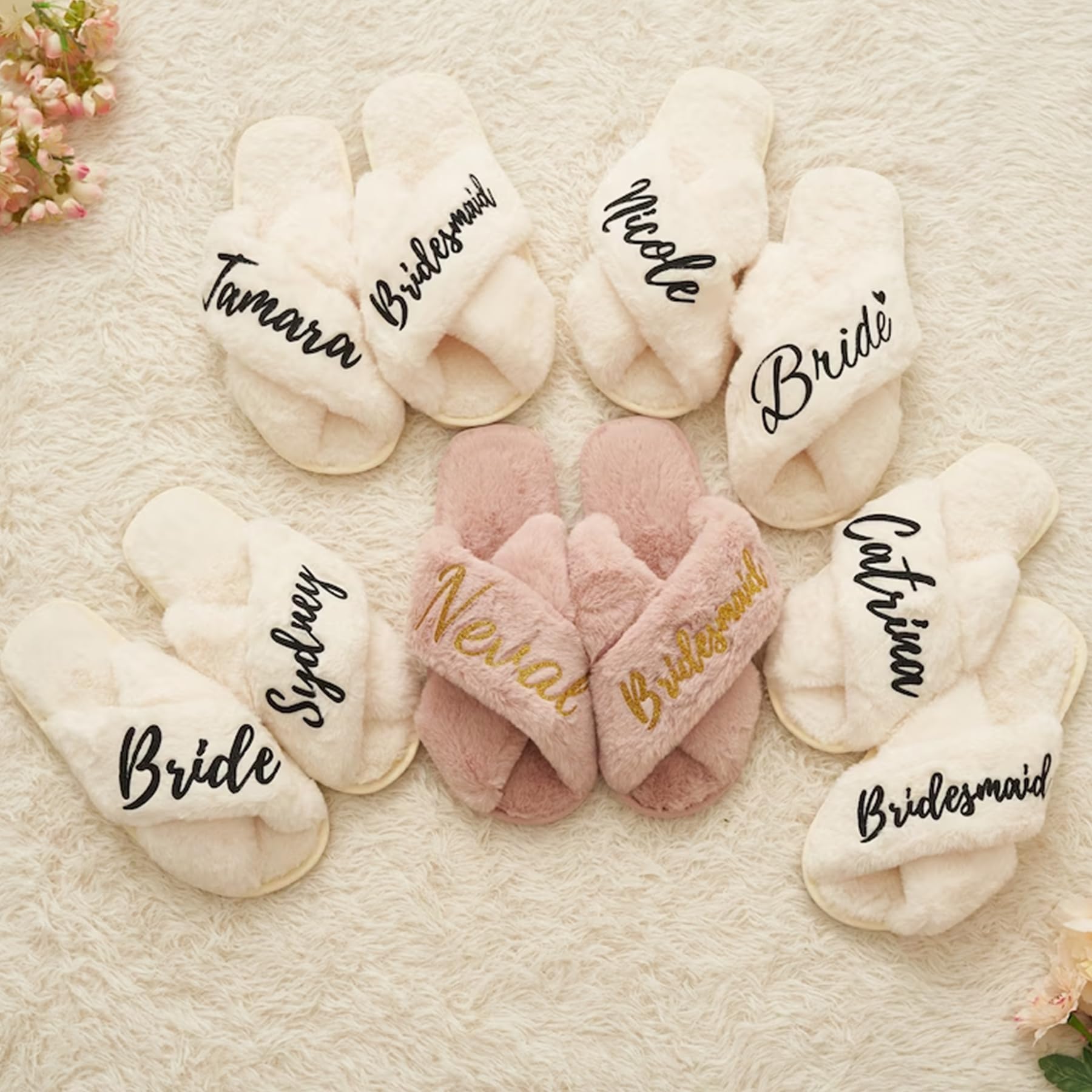 Personalized Fluffy Bridesmaid Slippers - Custom Bride Slippers for Bachelorette Party, Bridal Shower & Wedding Gifts - Cozy House Shoes for Bridal Party & Newlyweds