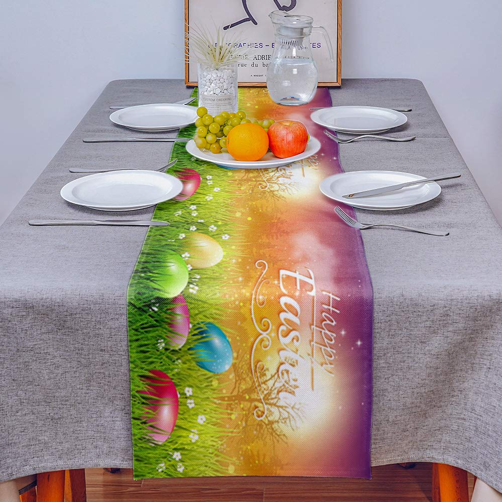 Easter Table Runner - 13x70 Inch Cotton Linen Spring Floral Tablecloth with Non-Slip Backing, Easter Eggs in Grass Design for Holiday Parties, Kitchen & Home Decor - Perfect for Easter Celebrations, Spring Gatherings & Dining Table Styling