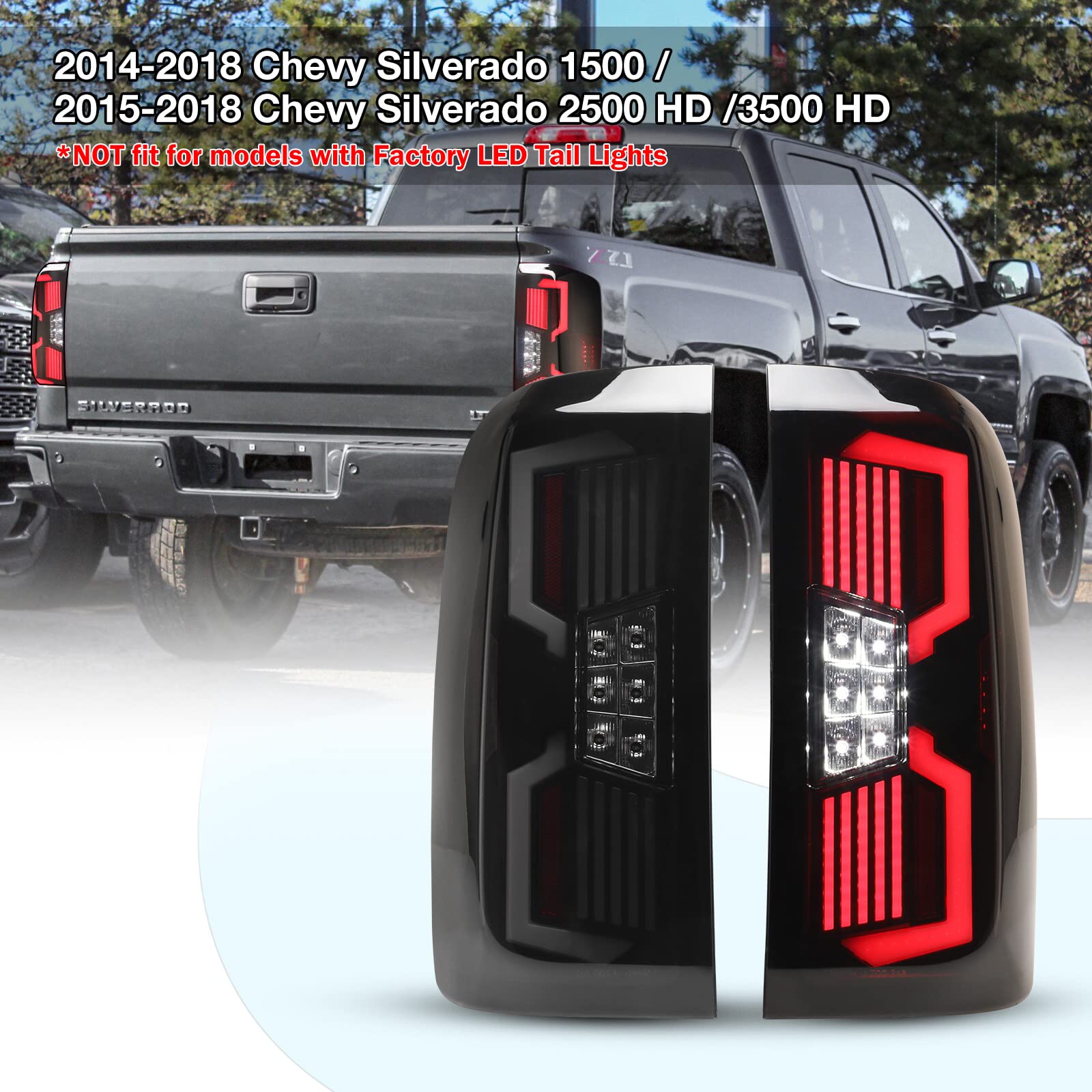 AUTOWIKI LED Taillight Assembly for 2014-2018 Chevy Silverado 1500/2500HD/3500HD - Black Smoke Lens with Dynamic LED Turn Signals - 1 Pair Replacement Tail Lights for Enhanced Visibility & Style (Perfect for Night Driving & Custom Truck Upgrades)