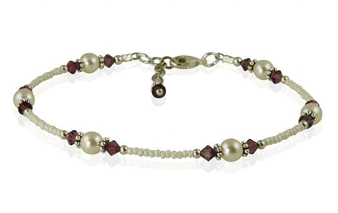 Natural Amethyst & Cream Pearl Beaded Anklet Bracelet for Women - Elegant Adjustable Ankle Chain Jewelry for Summer, Beach, Boho Fashion & Special Occasions