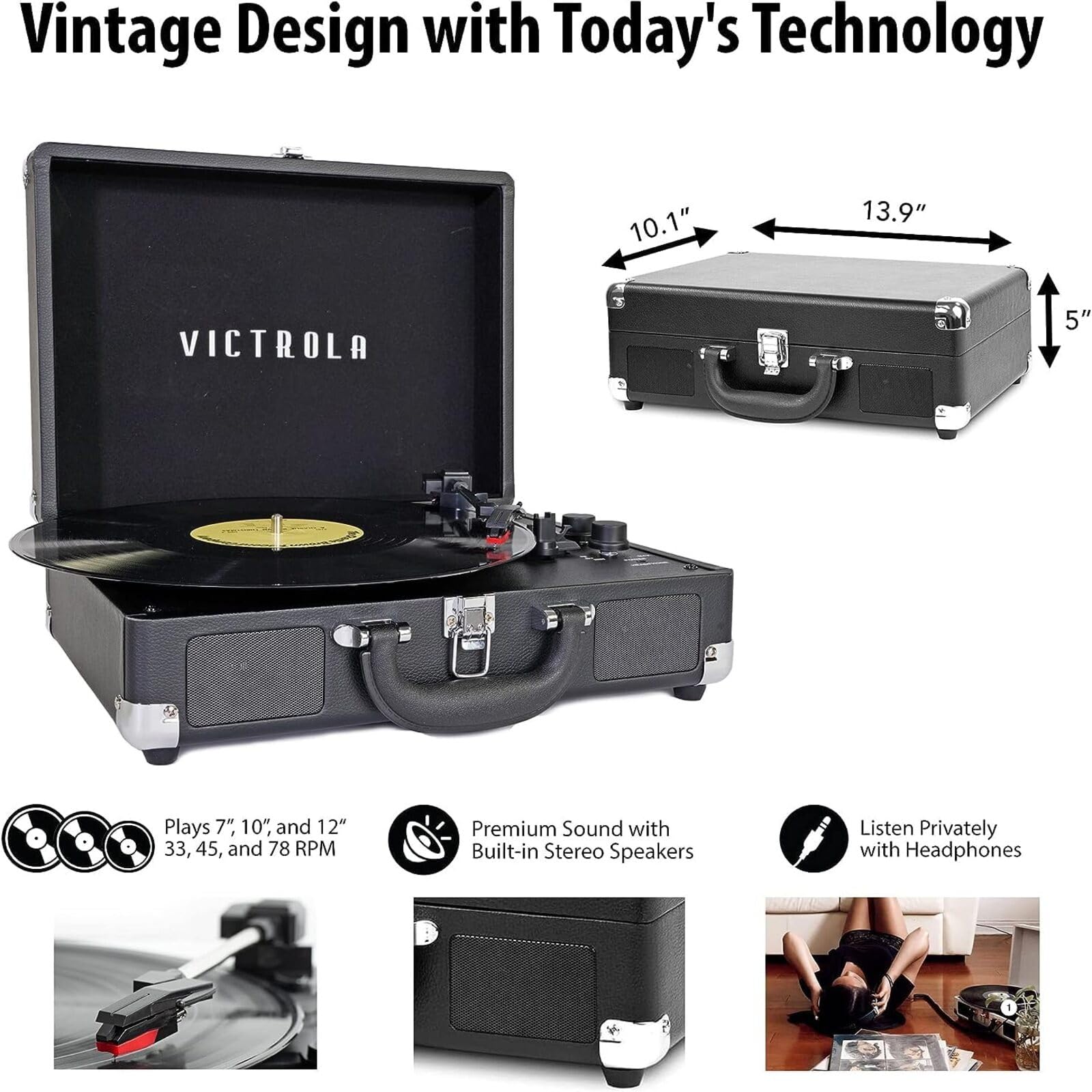 Victrola Journey+ 复古3速蓝牙便携式黑胶唱片机，内置扬声器 | 升级版转盘音质 | 附赠额外唱针 | 绿松石色 (VSC-400SB-TRQ-SDF) | 适合家庭聚会、卧室音乐欣赏和复古风装饰