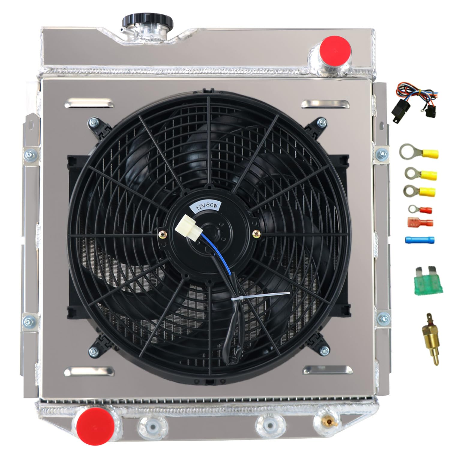 High-Performance CU251 Aluminum Radiator for 1960-1966 Ford Mustang, Ranchero, Falcon & Mercury Comet 5.0L V8 - 3 Row Cooling System with Shroud & Fan Relay Kit - Perfect for Classic Car Restoration & Hot Rod Upgrades