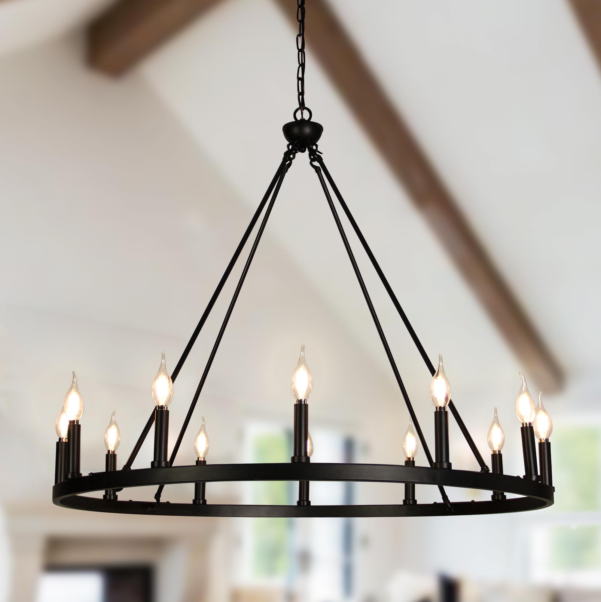 12-Light Black Wagon Wheel Chandelier - Vintage Farmhouse & Industrial Style Candle Pendant Light for Living Room, Dining Room, Entryway - Perfect for Rustic, Country, or Industrial Home Decor