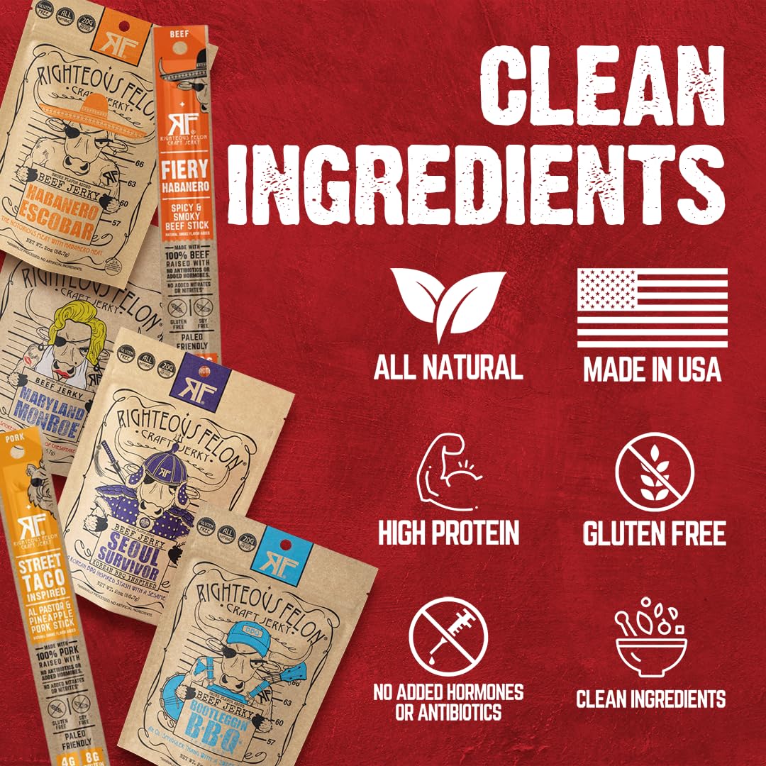 Premium Beef Jerky & Meat Sticks Variety Pack - Gluten Free, High Protein, Keto & Low Sugar Snacks | Made with 100% Grass-Fed Beef | Perfect for Men's Gifts, Camping, Hiking & Road Trips | Spicy Jerky 6 Pack