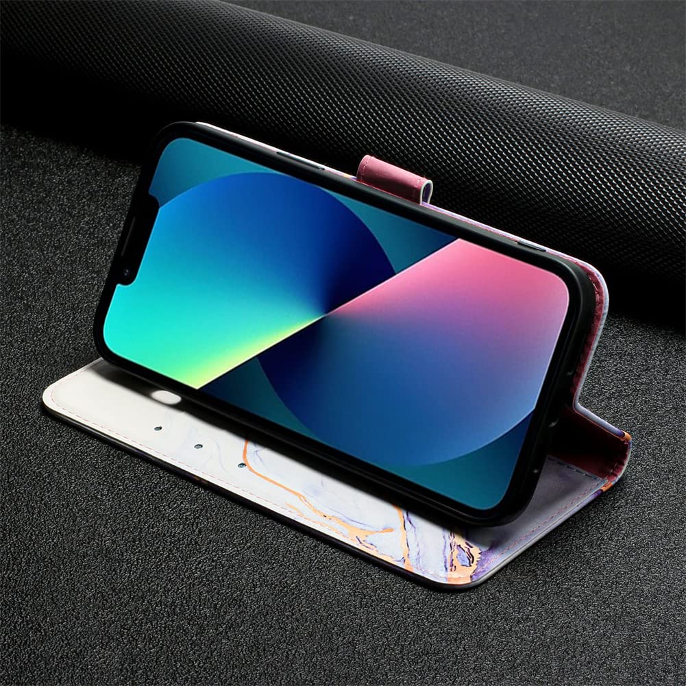 Premium Shockproof PU Leather Flip Case for iPhone 13 Mini - Marble White & Purple | Slim Protective Cover with Card Slot | Perfect for Work, Travel & Everyday Use