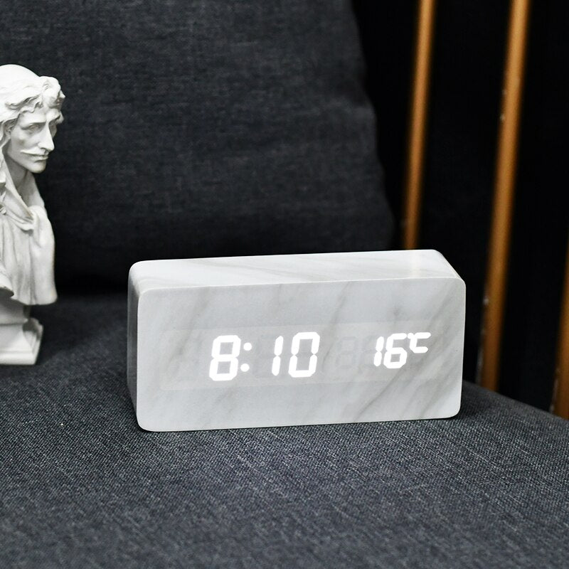 Digital Imitation Marble Alarm Clock with LED Display - Stylish Modern Bedroom Decor for Home & Office Use