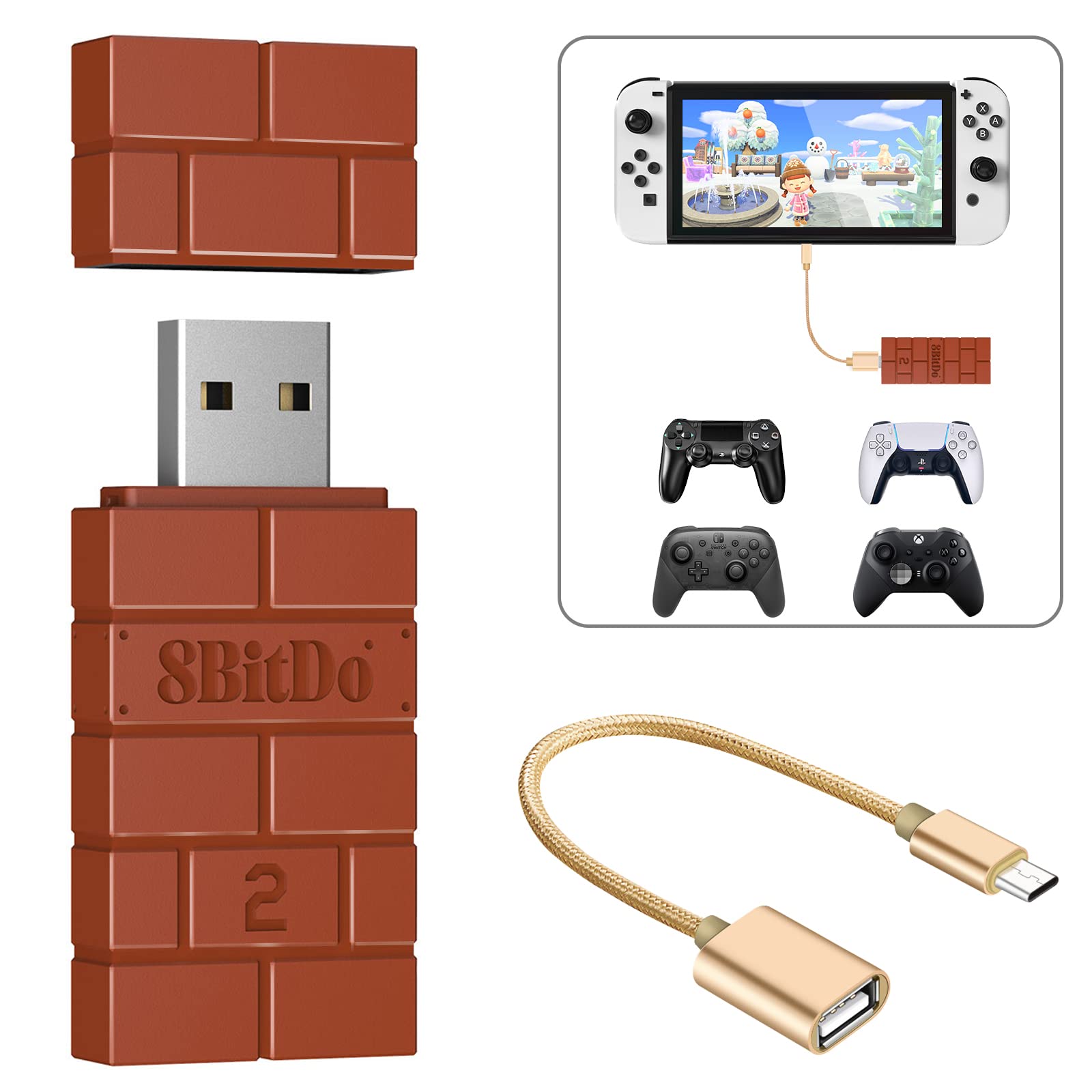 8BitDo USB Wireless Controller Adapter 2 - Universal Bluetooth Converter for Nintendo Switch/Switch OLED, Windows PC, Raspberry Pi, PS5/PS4/PS3, Xbox Series X/S, Xbox One - Includes OTG Cable (Brown) | Perfect for Gaming, Retro Emulation & Multi-Platform Controller Support