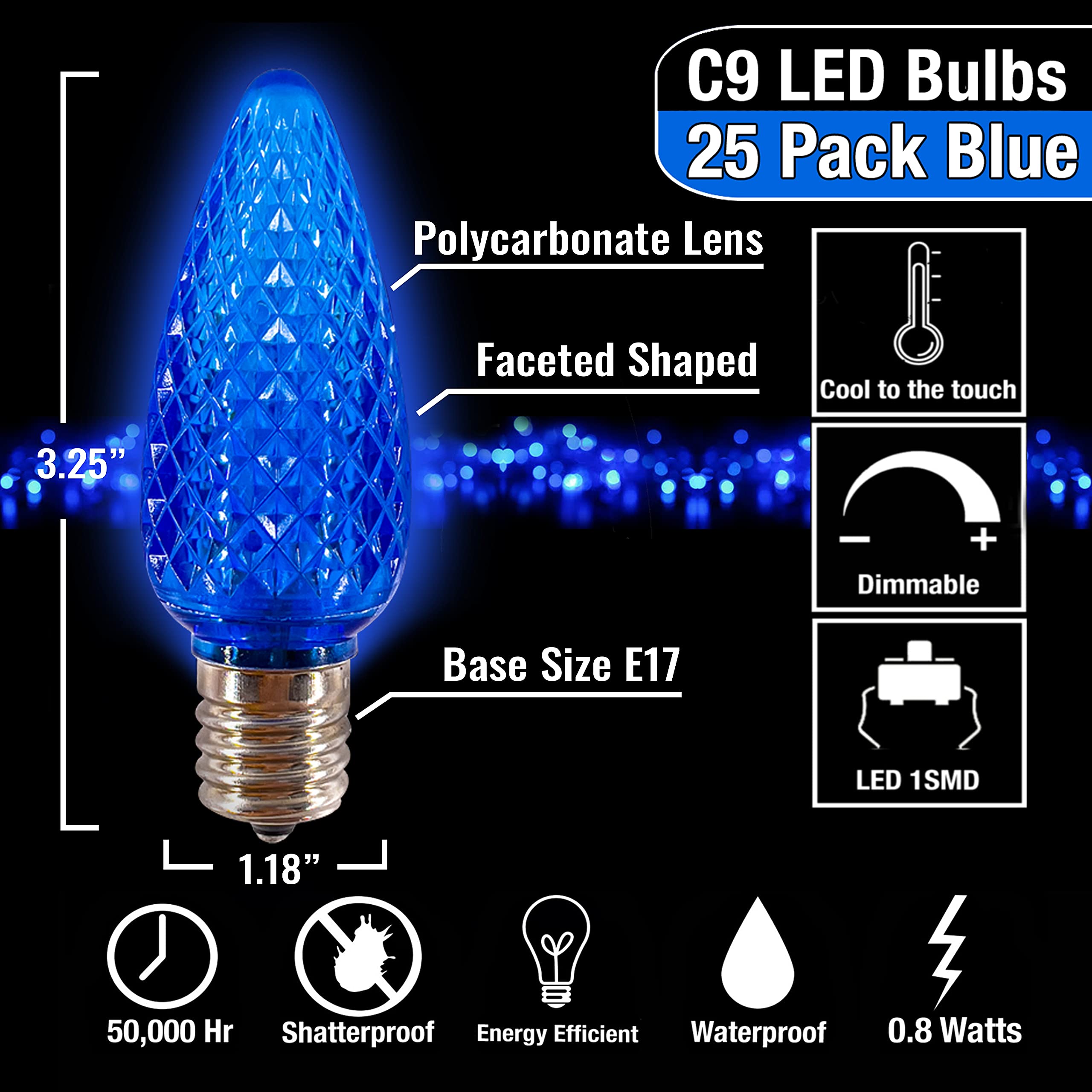 MIK Solutions C9 LED Replacement Bulbs - Pack of 25 Blue Faceted Christmas Lights, E17 Socket Candle Shape Bulbs for Holiday Decorations, Roof Lights, and Commercial Displays
