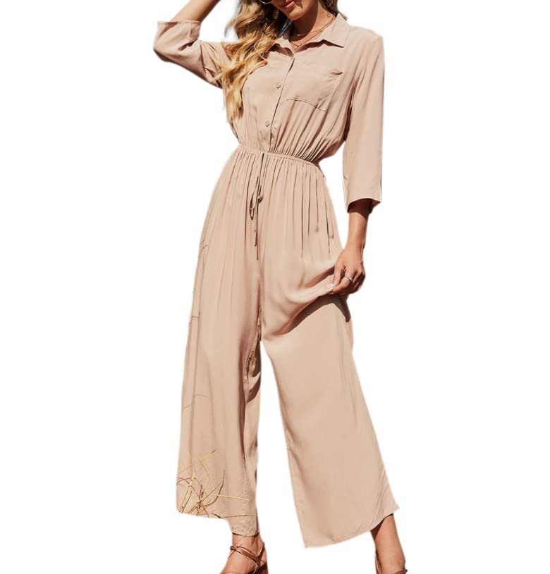 Women's Summer Three-Quarter Sleeve Jumpsuit - Casual Suit Collar Waist Wide-Leg Romper for Beach, Vacation & Everyday Wear