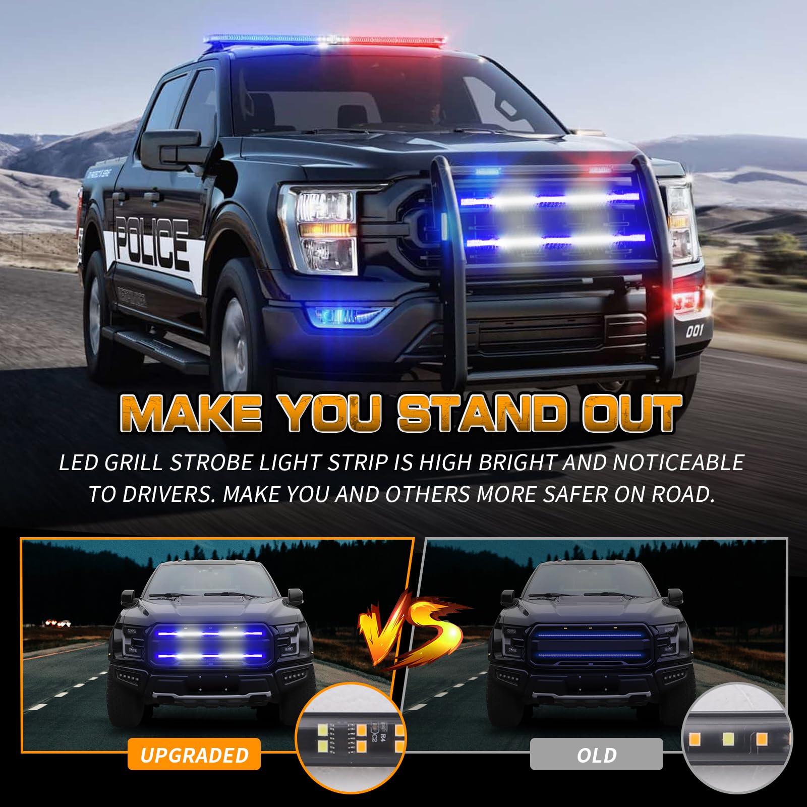 XRIDONSEN 2PCS 30-Inch Blue White LED Emergency Grill Lights - 360° Strobe Warning Safety Lights for Trucks, Police & Firefighter Vehicles - Perfect for Tailgate, Rear Window & Grille Installation - Enhance Visibility for First Responders & Emergency Scenes