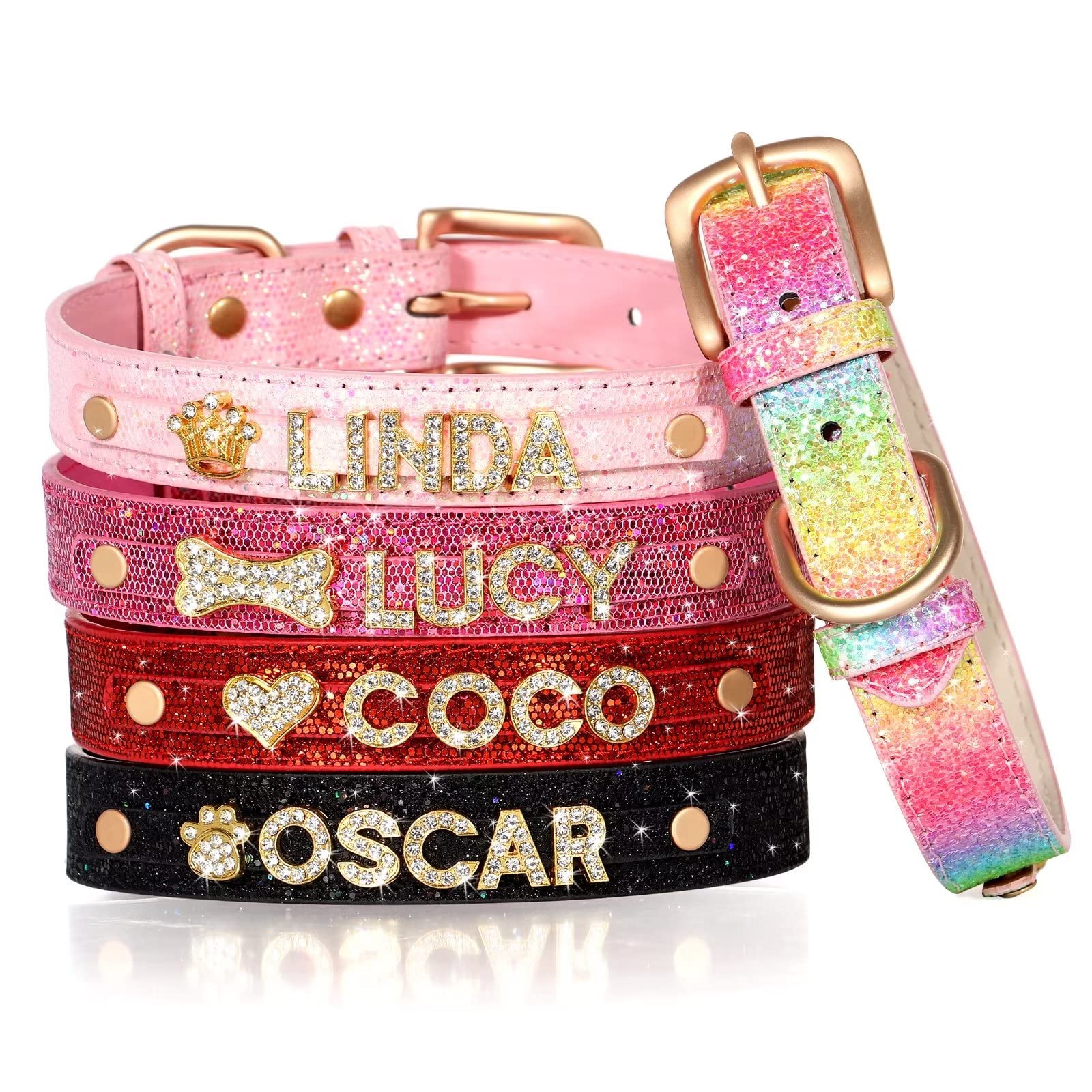 Custom Personalized Glitter Dog Collar with Rhinestones - PU Leather Pet Collar with Name Tag for Small & Medium Dogs & Cats (Black, Medium) - Perfect for Pet Birthdays, Weddings & Special Occasions