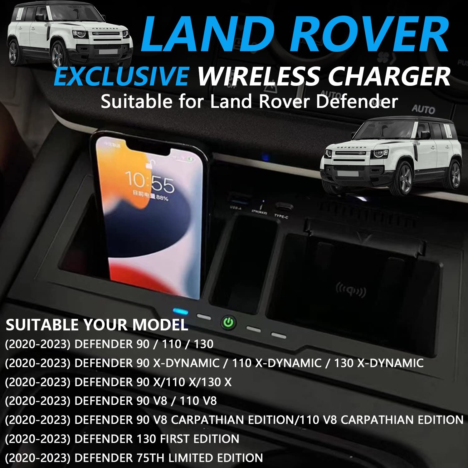 Wireless Car Charger for Land Rover Defender 90 110 130 X/X-Dynamic/V8/Carpathian Edition (2020-2023) - 15W Fast Charging Pad Compatible with iPhone & Galaxy - Interior Accessories & Upgrades for Road Trips & Daily Commutes