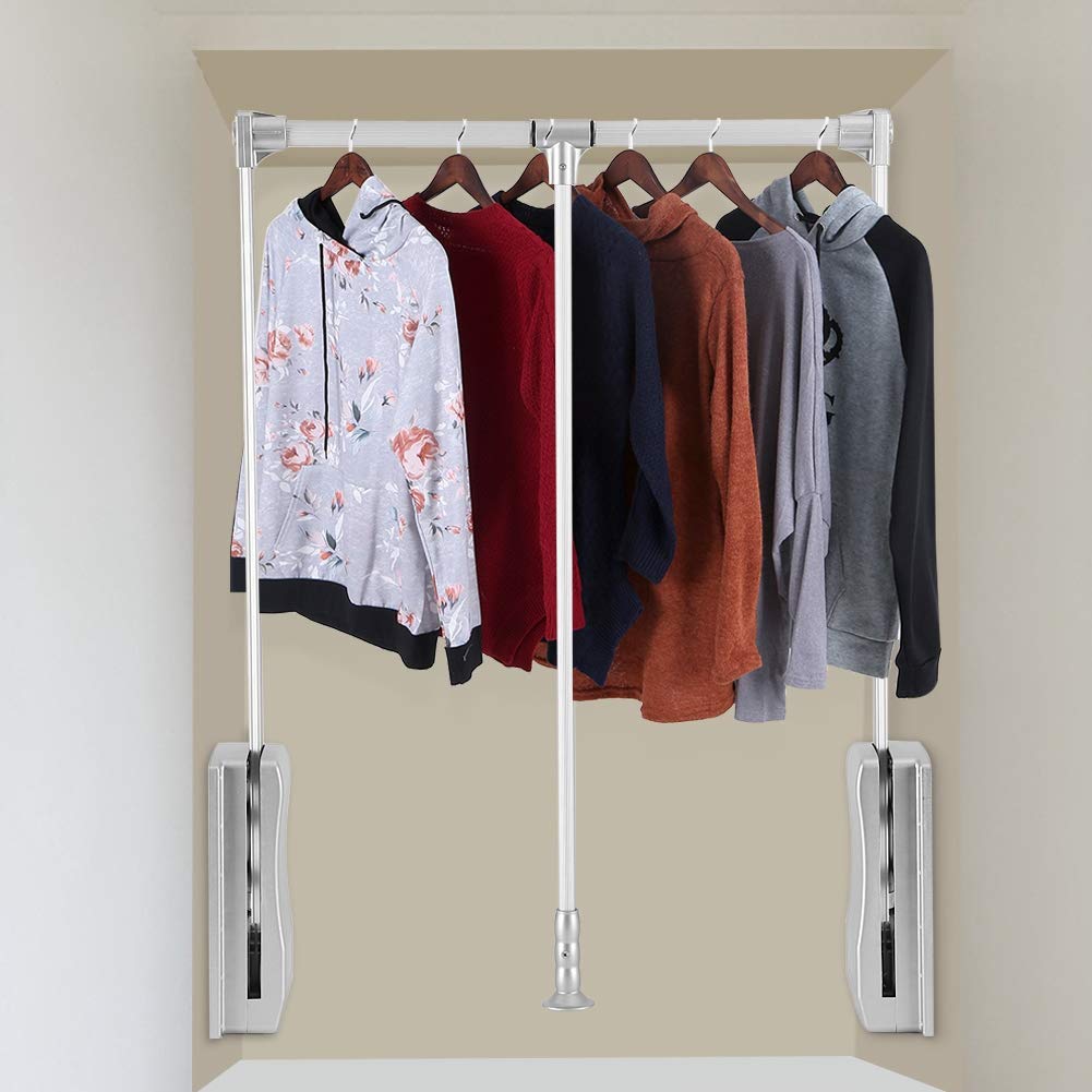 Adjustable Aluminum Pull Down Closet Rod - Space Saving Wardrobe Hanger Rail for Hanging Clothes (600-830mm) - Perfect for Small Closets, Apartments & Dorm Rooms