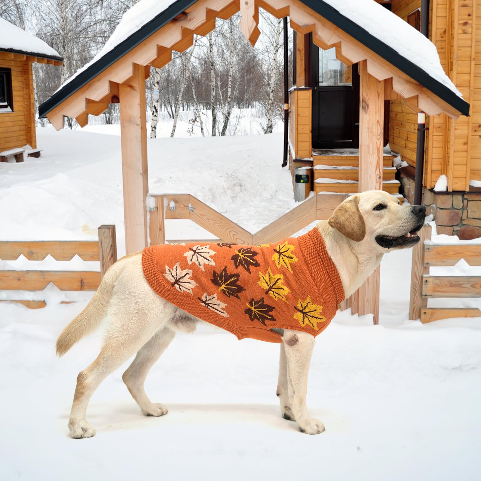 KOOLTAIL Dog Sweater - Warm Knitted Turtleneck Pullover for Cold Weather | Autumn Maple Leaf Pattern Pet Sweater | Winter Clothes for Small, Medium & Large Dogs | Cozy Outfit for Fall Walks & Indoor Comfort (Orange, XL)